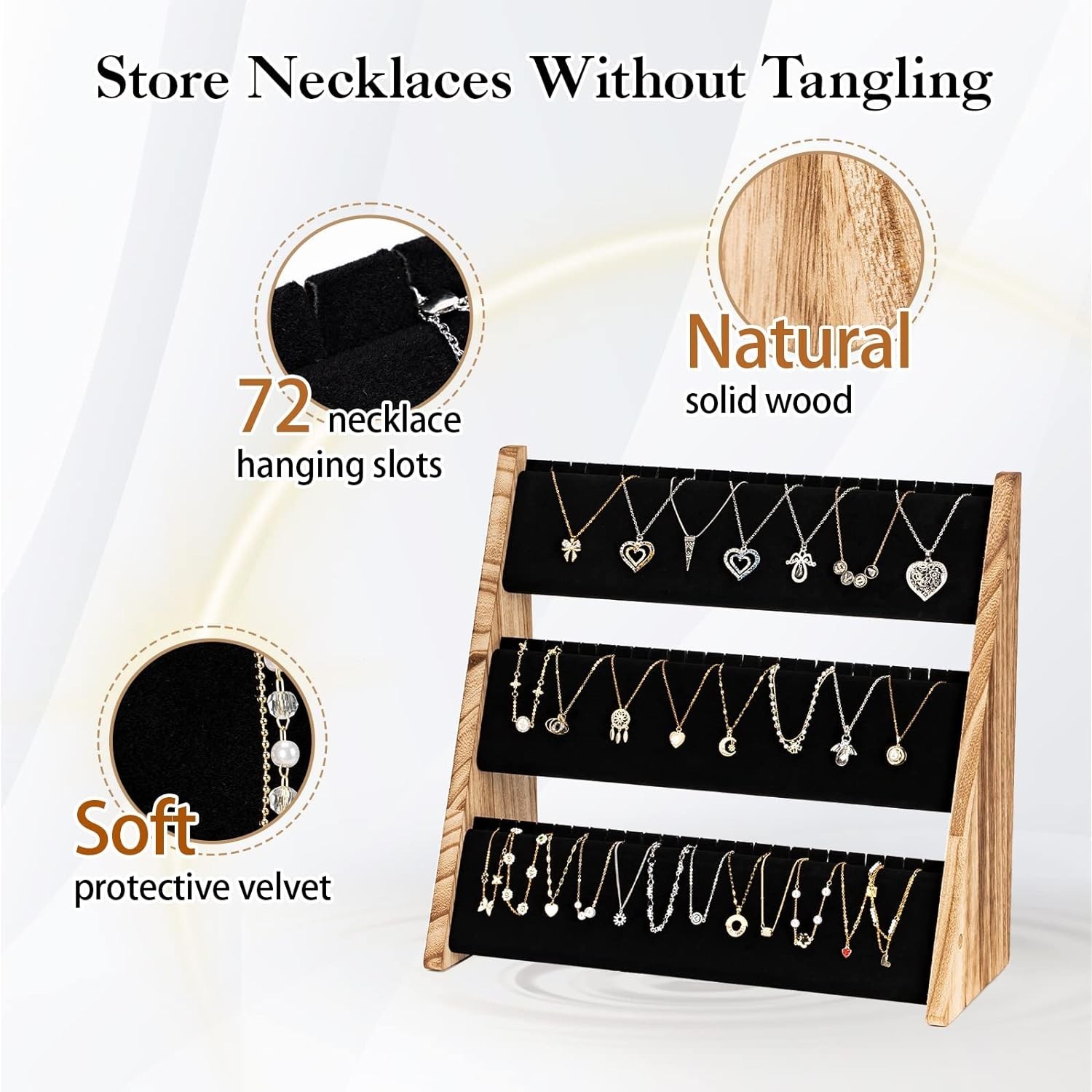 Stylish Necklace Organizer with Velvet Protection – Rustic Wood for 72 Necklaces