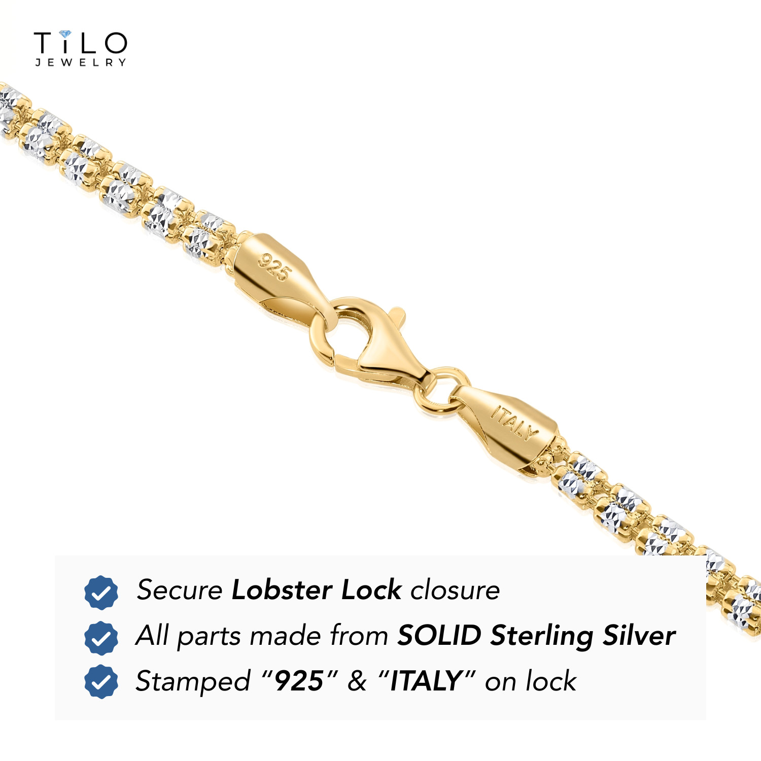 Two-Tone Gold 3mm Diamond-Cut Ice Italian Bracelet 7″-8″ 925 Sterling Silver