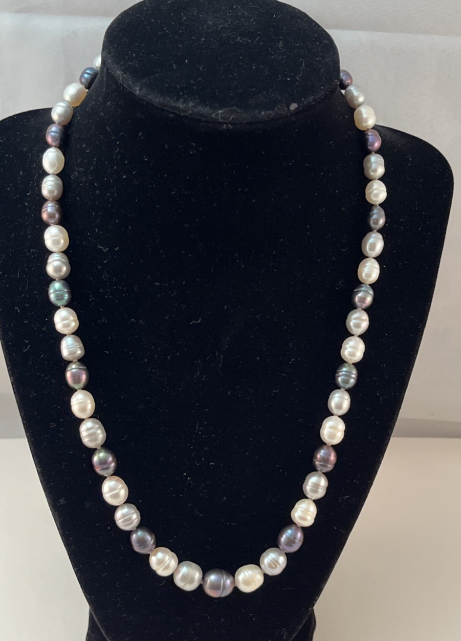 HONORA 925 Sterling Silver Black Gray White Graduated Pearl Necklace 20″