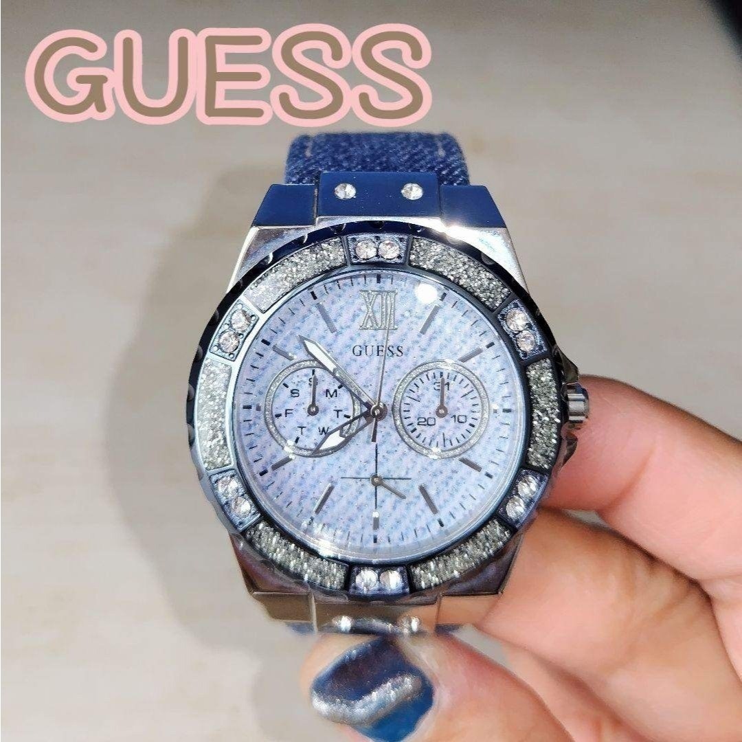 GUESS wristwatch denim sparkling with stones Blue