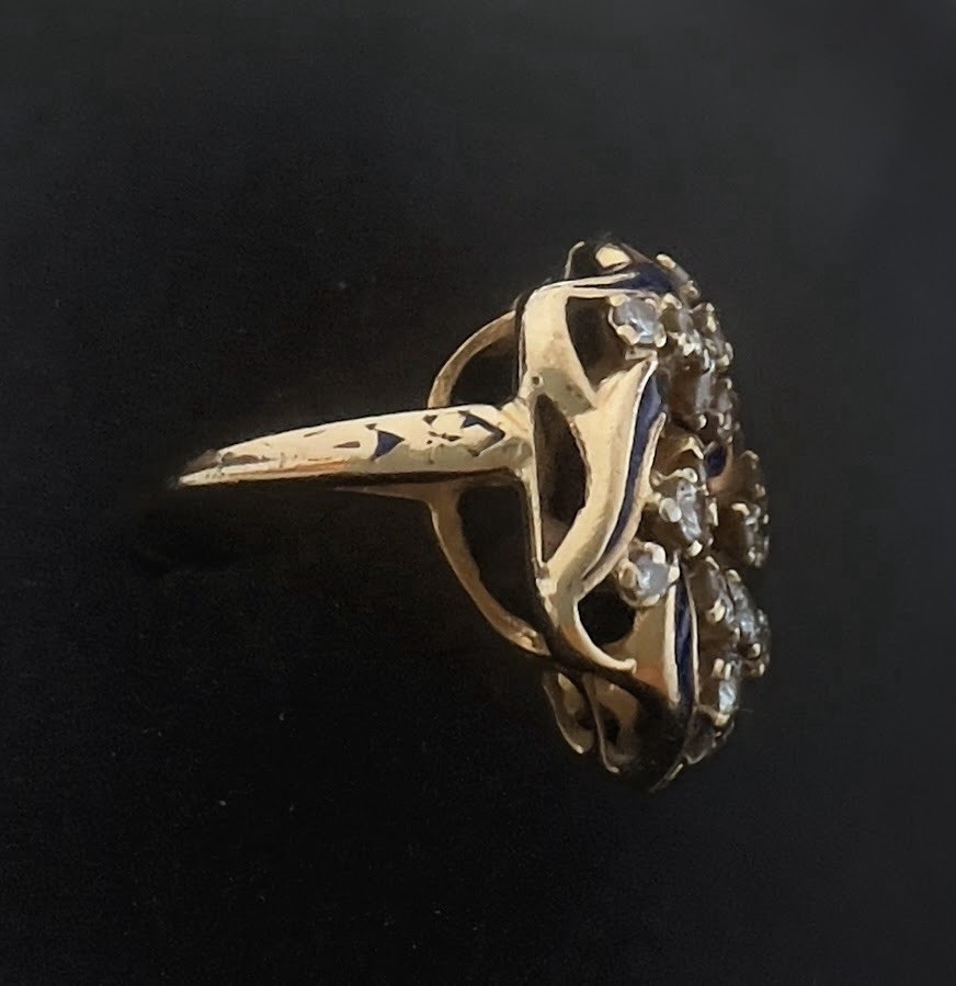 Antique 14k gold Blue Enamel Swirl Cluster Cocktail Ring Size 6.5