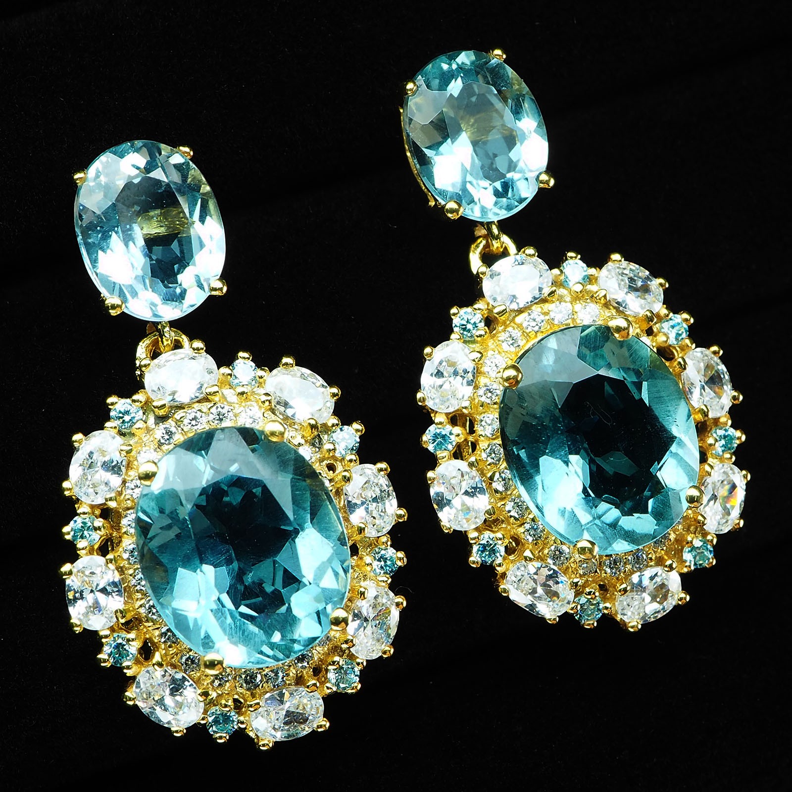 24K Gold 925 Sterling Silver Earrings Pristine Sea Blue Aquamarine Oval 14.85Ct