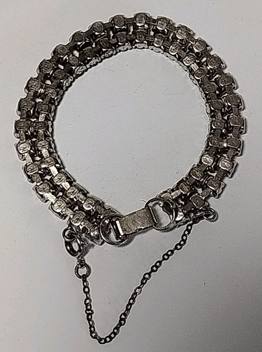 Vintage Rhinestone Silver Tone Double Row Tennis Bracelet 7 1/4″ x 10mm
