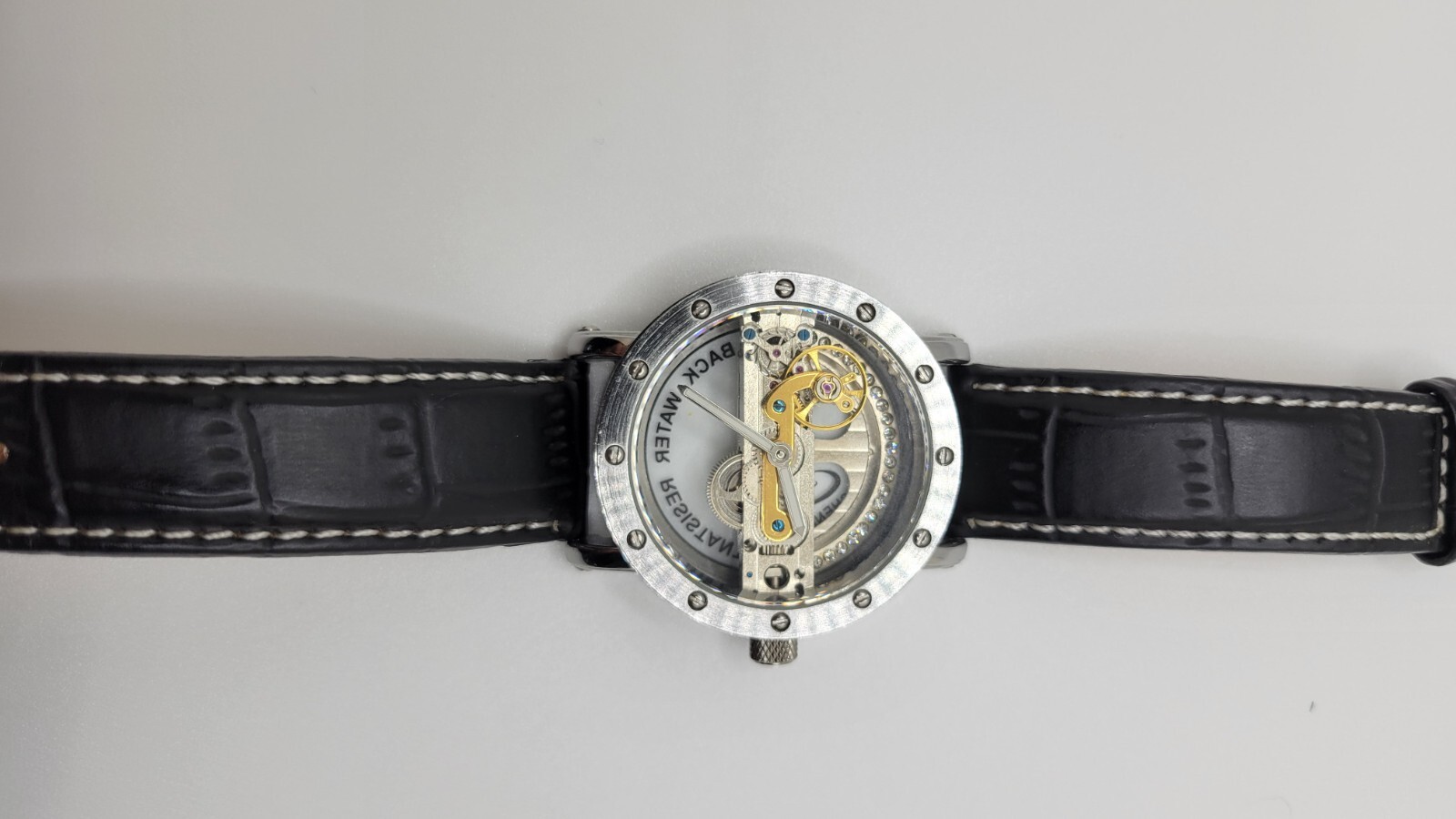 Mens Watch Mechanical Waterproof Luxury Watch Croco Leather Band Hollow Skeleto