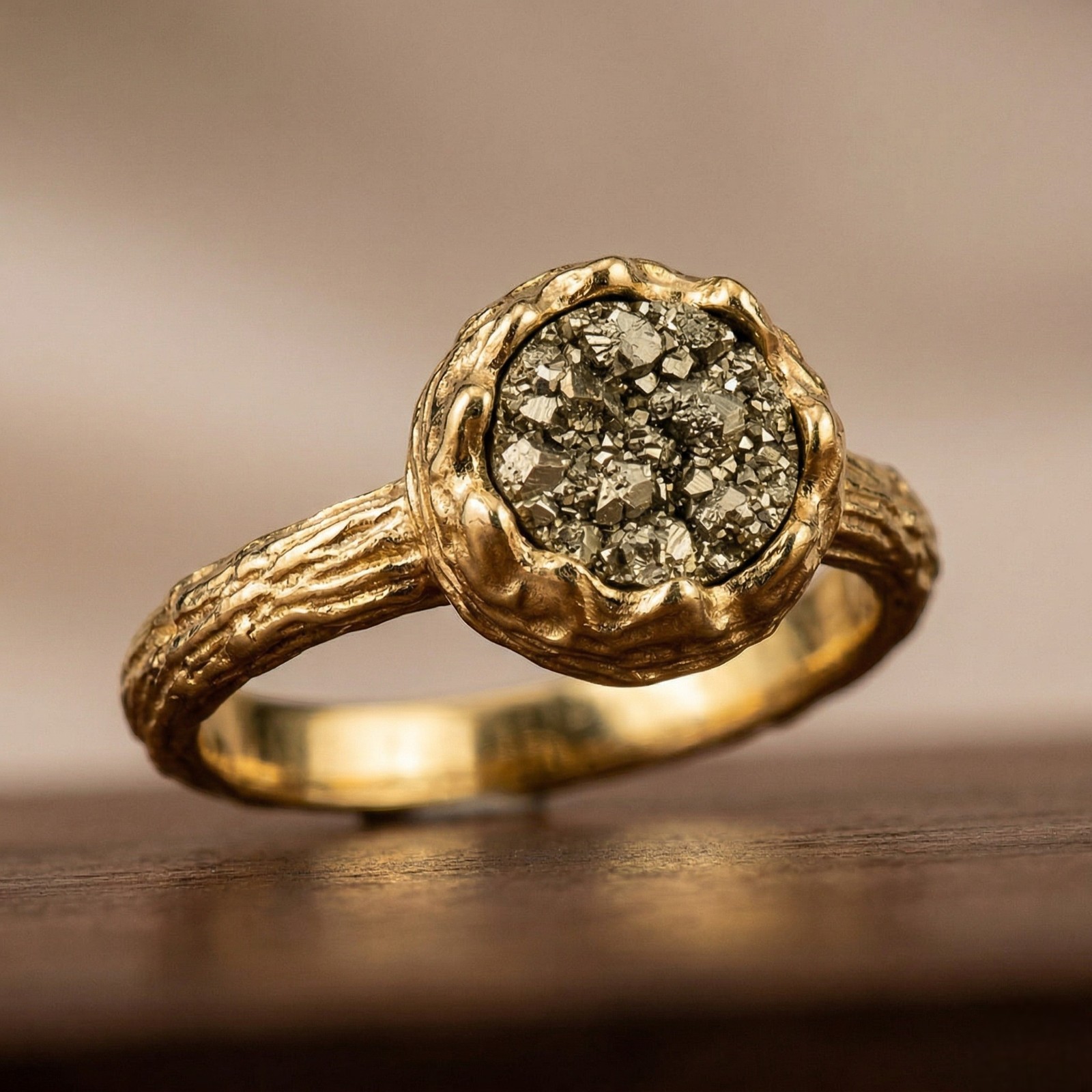 Raw Pyrite Ring , Druzy Pyrite Statement Ring, Rustic Textured Band Ring