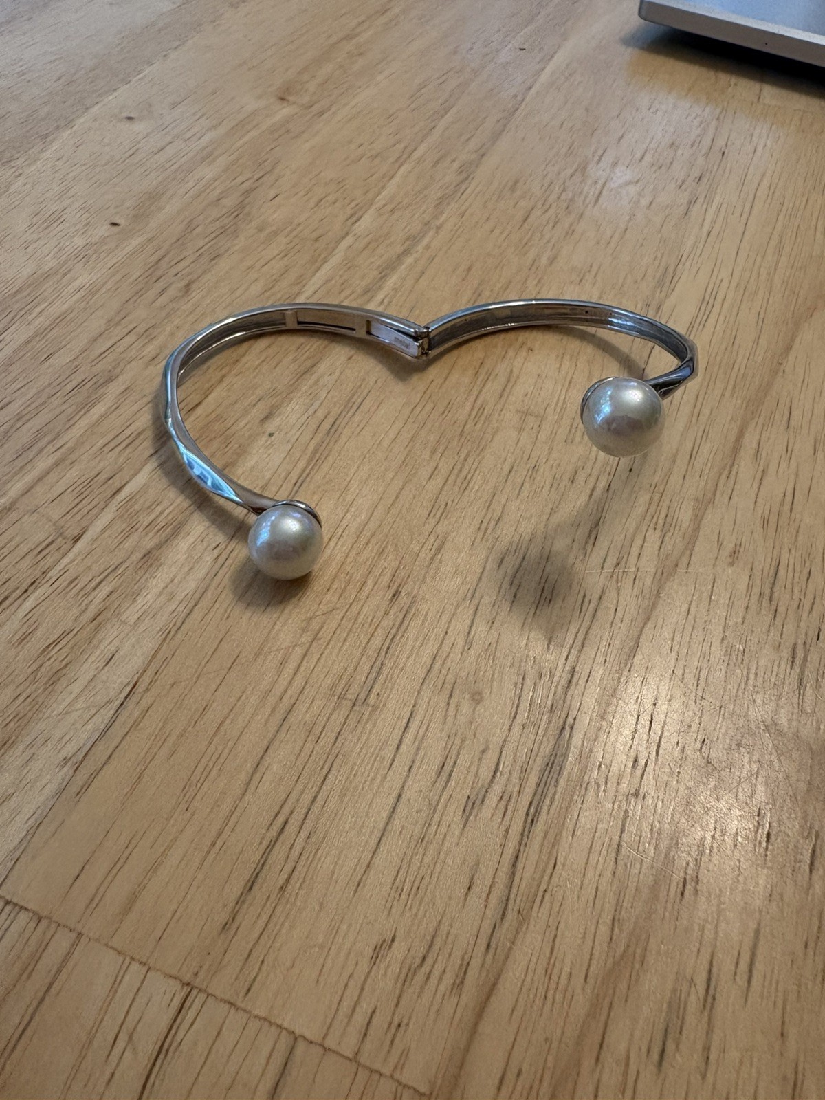 Majorica Sterling Silver Imitation Pearl Hinged Bypass Bangle Bracelet