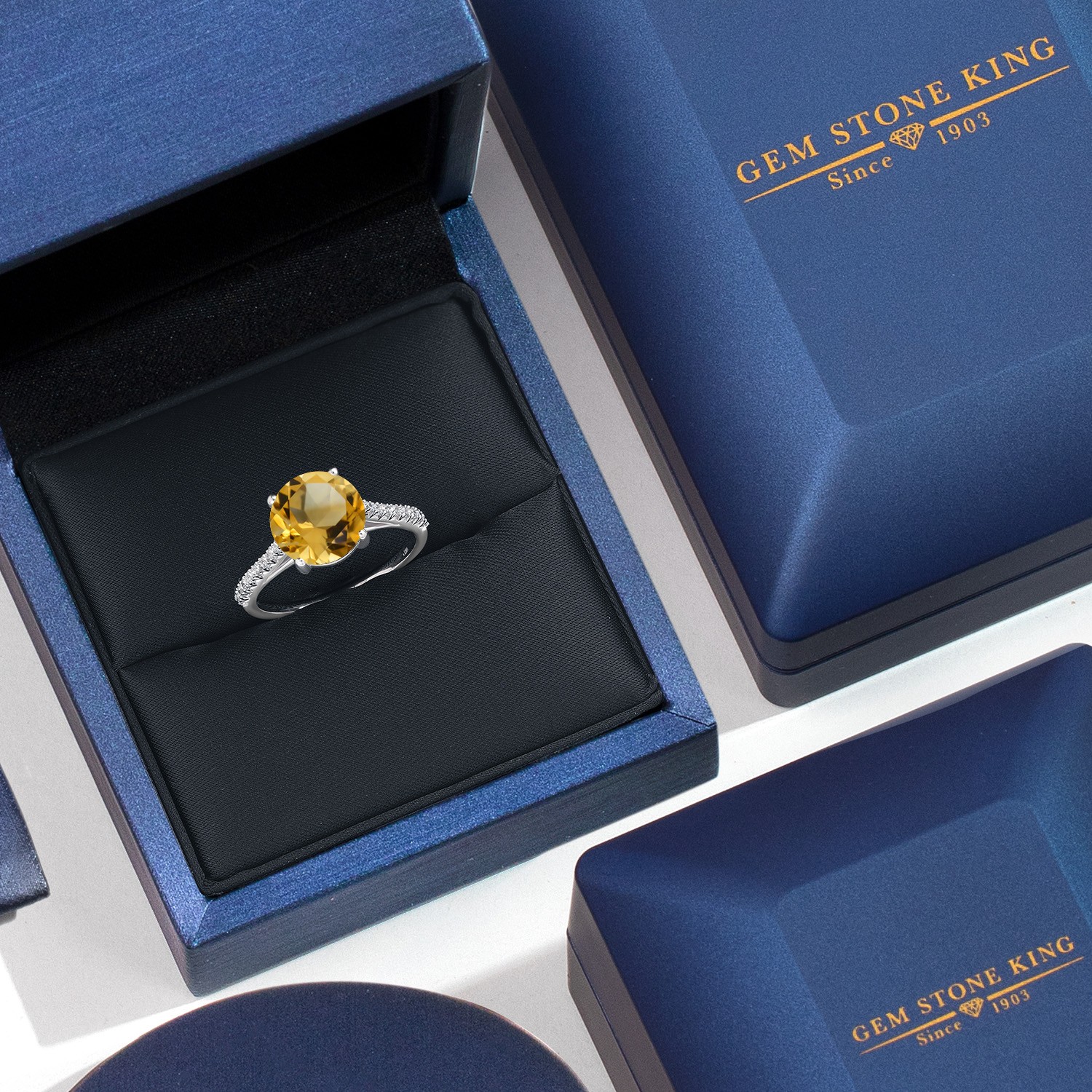 2.96 Ct Round Yellow Citrine G/H Lab Grown Diamond 14K White Gold Ring