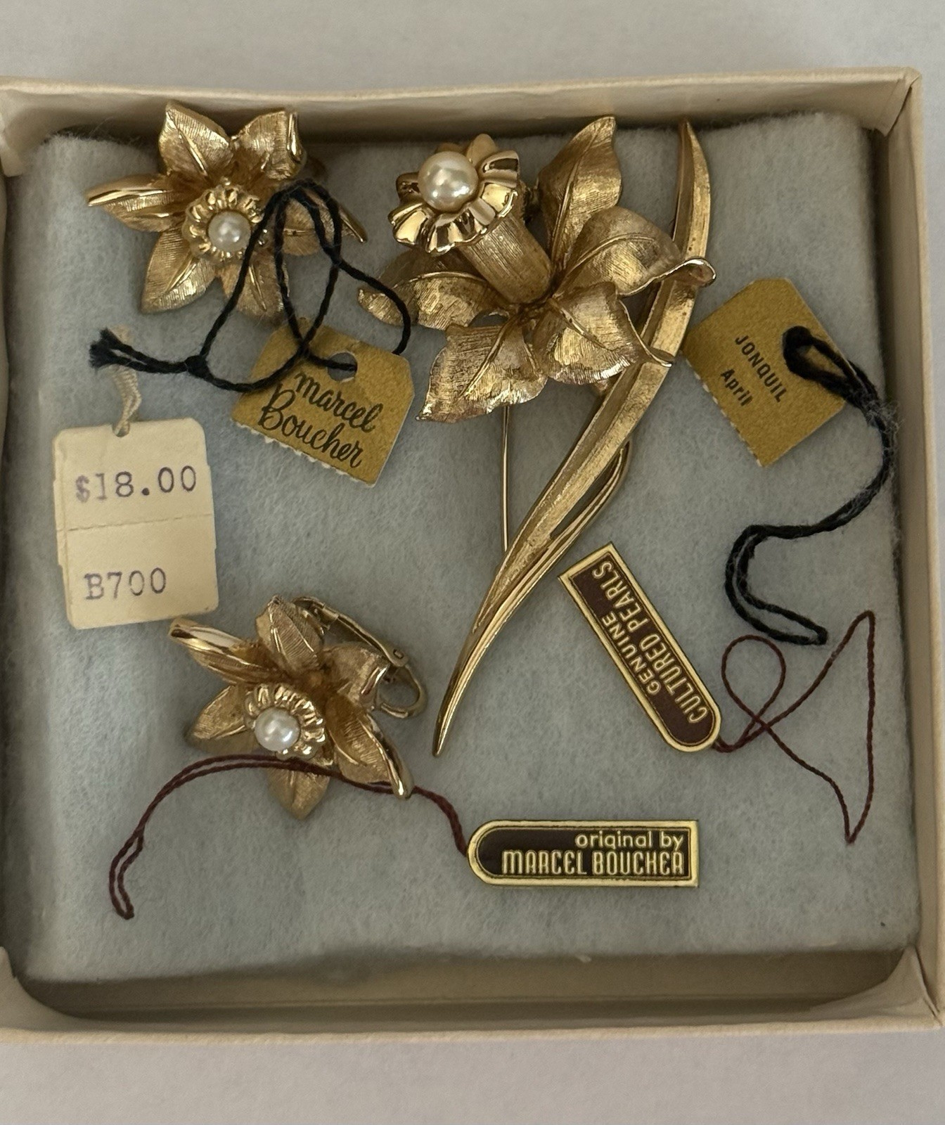 Vintage 1964 Marcel Boucher Jonquil Daffodil Brooch Earring Set Box Tags 8692
