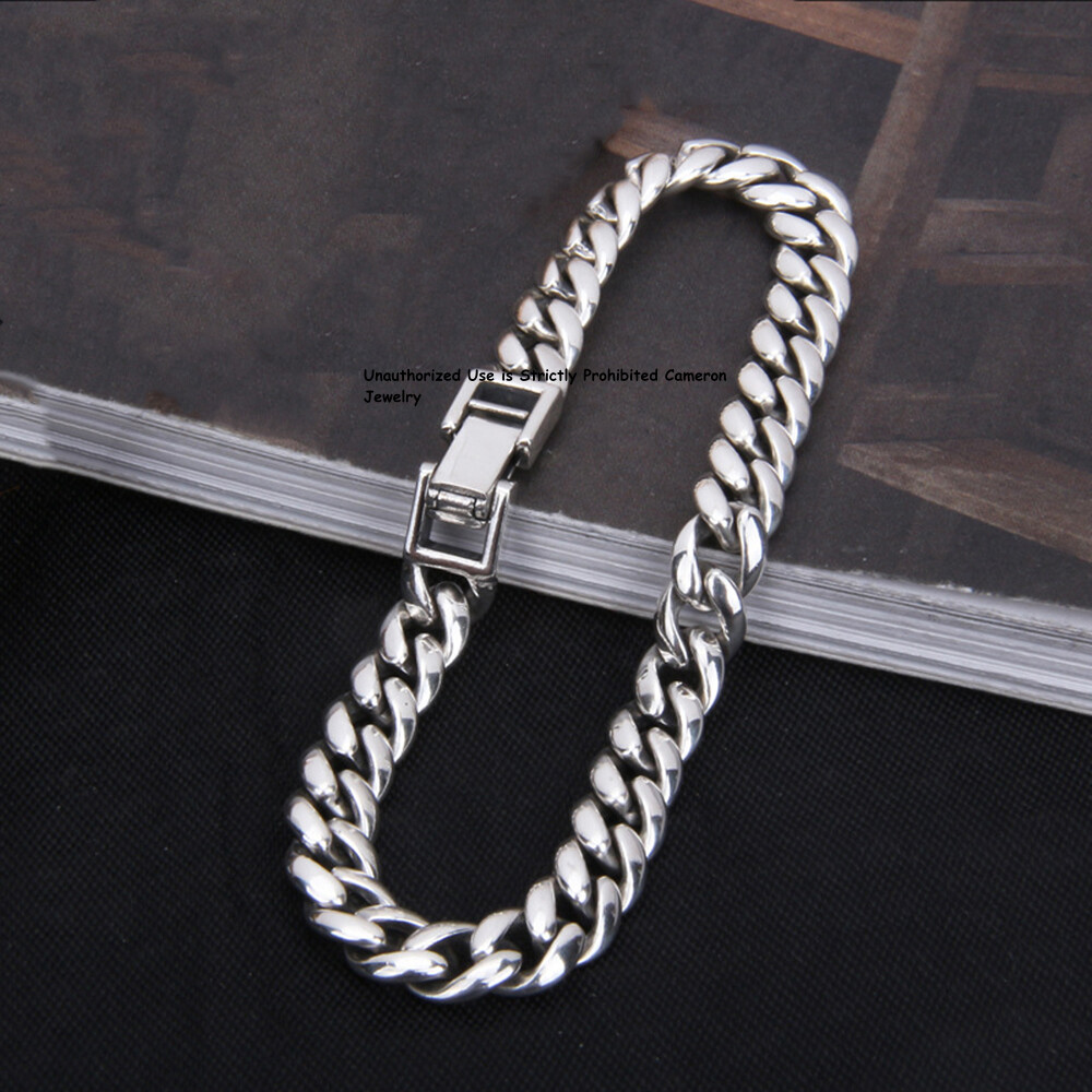 Pure S925 Sterling Silver Chain 6mm Cuban Curb Link Bracelet 6.7-8.3inch