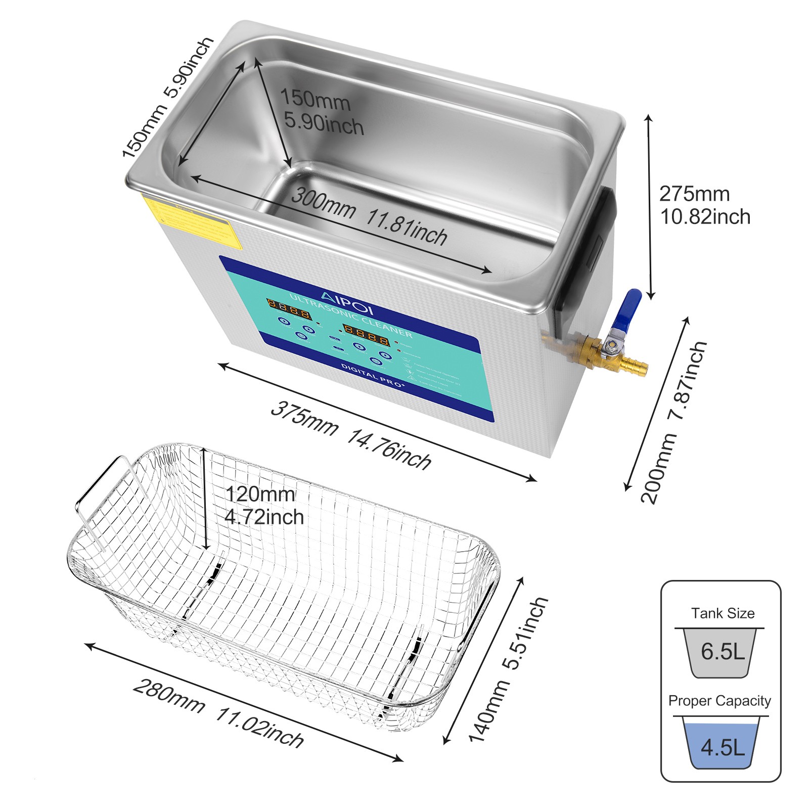 AIPOI 6.5L Ultrasonic Cleaner with Heater Timer & Basket Digital Sonic Machine