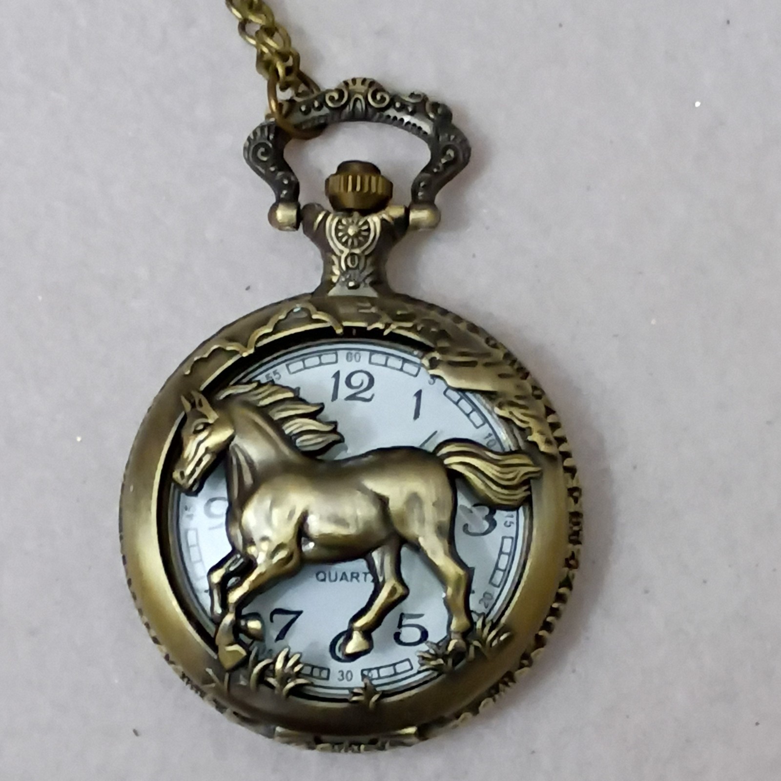 Horse Pocket Watch Necklace 2” Watch 15” Chain Vintage-Style Jewelry Accessory