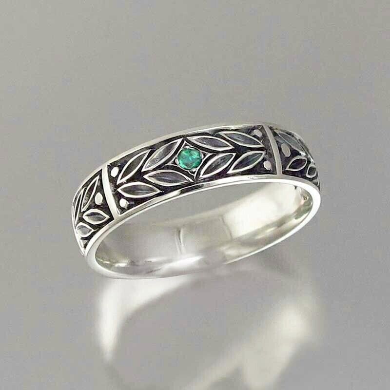 Retro Leaf Vintage Antique Band 1Ct CZ Elegant Unisex Promise Ring Silver Plated