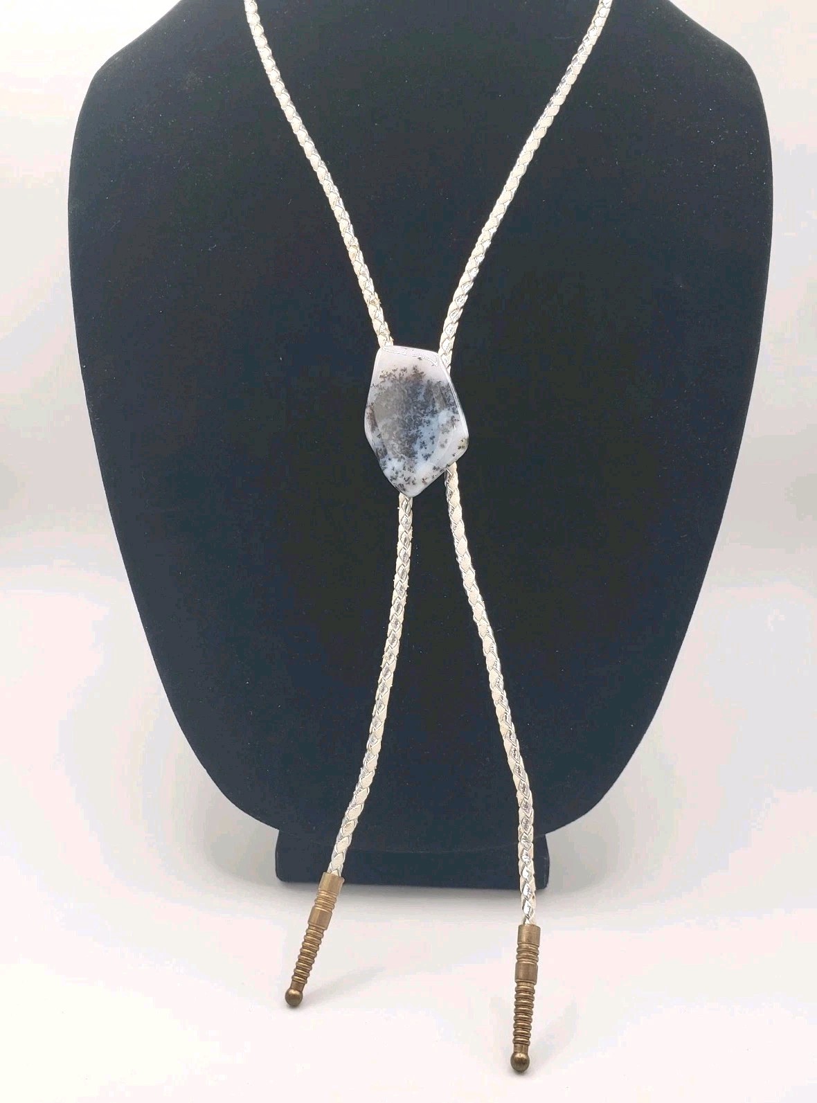 Vintage Dendritic Agate Bolo Tie Braided White/Silver Leather Cord Western Style