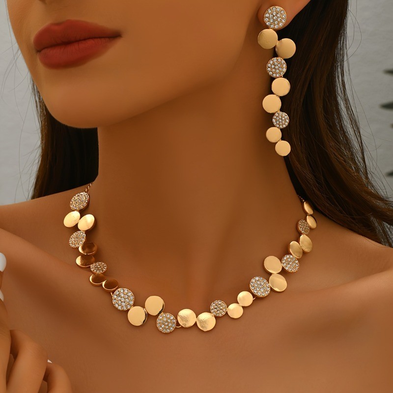 Gold Tone Sequin Disc Necklace Earrings Set Rhinestone Circle Choker Jewelry W