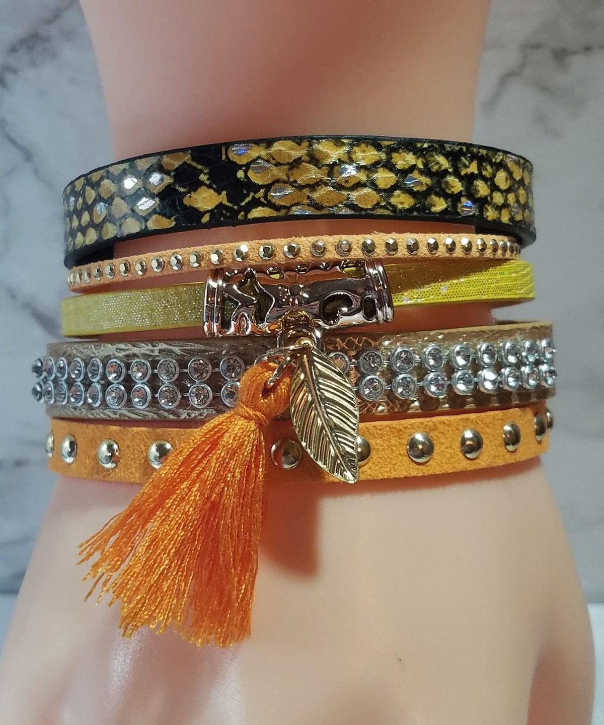 Wellmore Orange Snake Print Leaf Charm Tassel Leather Bracelet 19cm/7.5 inches