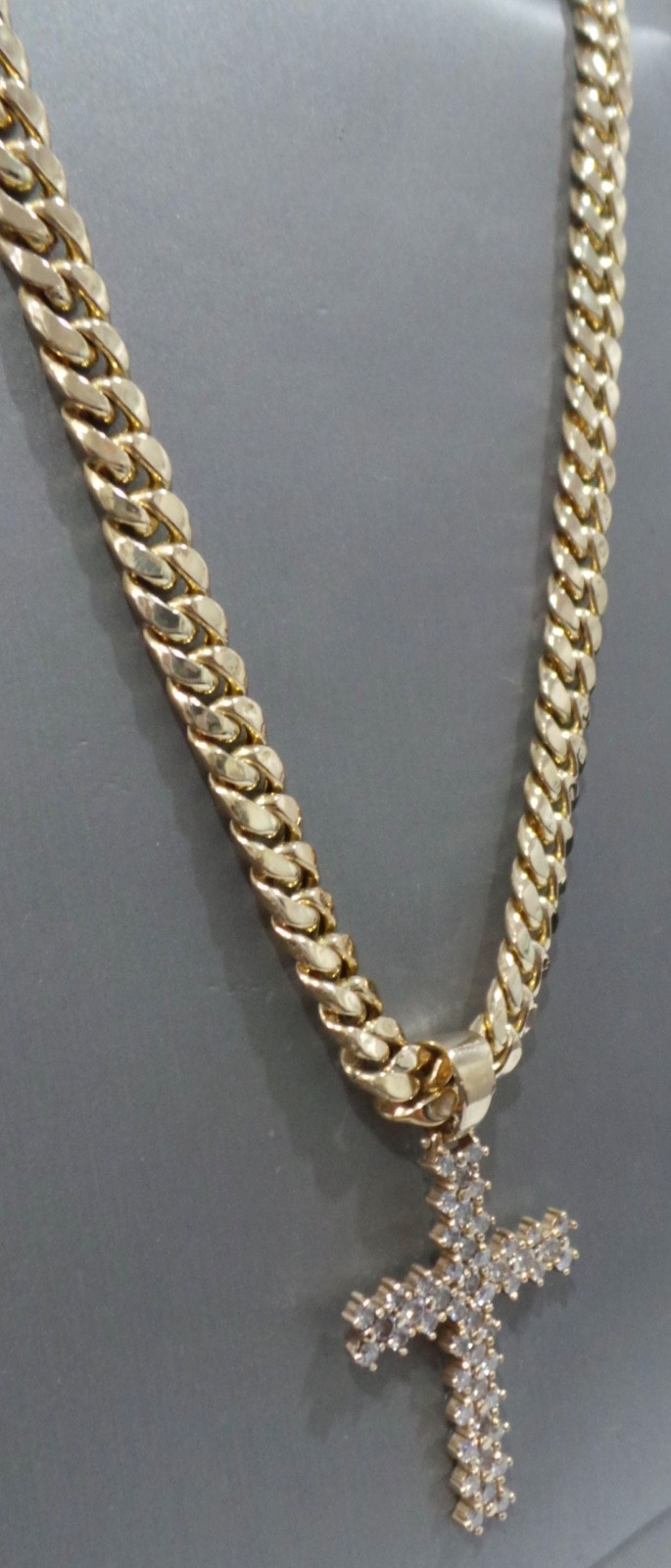 14k Yellow Gold 24″ Cuban Curb Link Necklace 45.4g 7.8mm & Diamond Cross Pendant