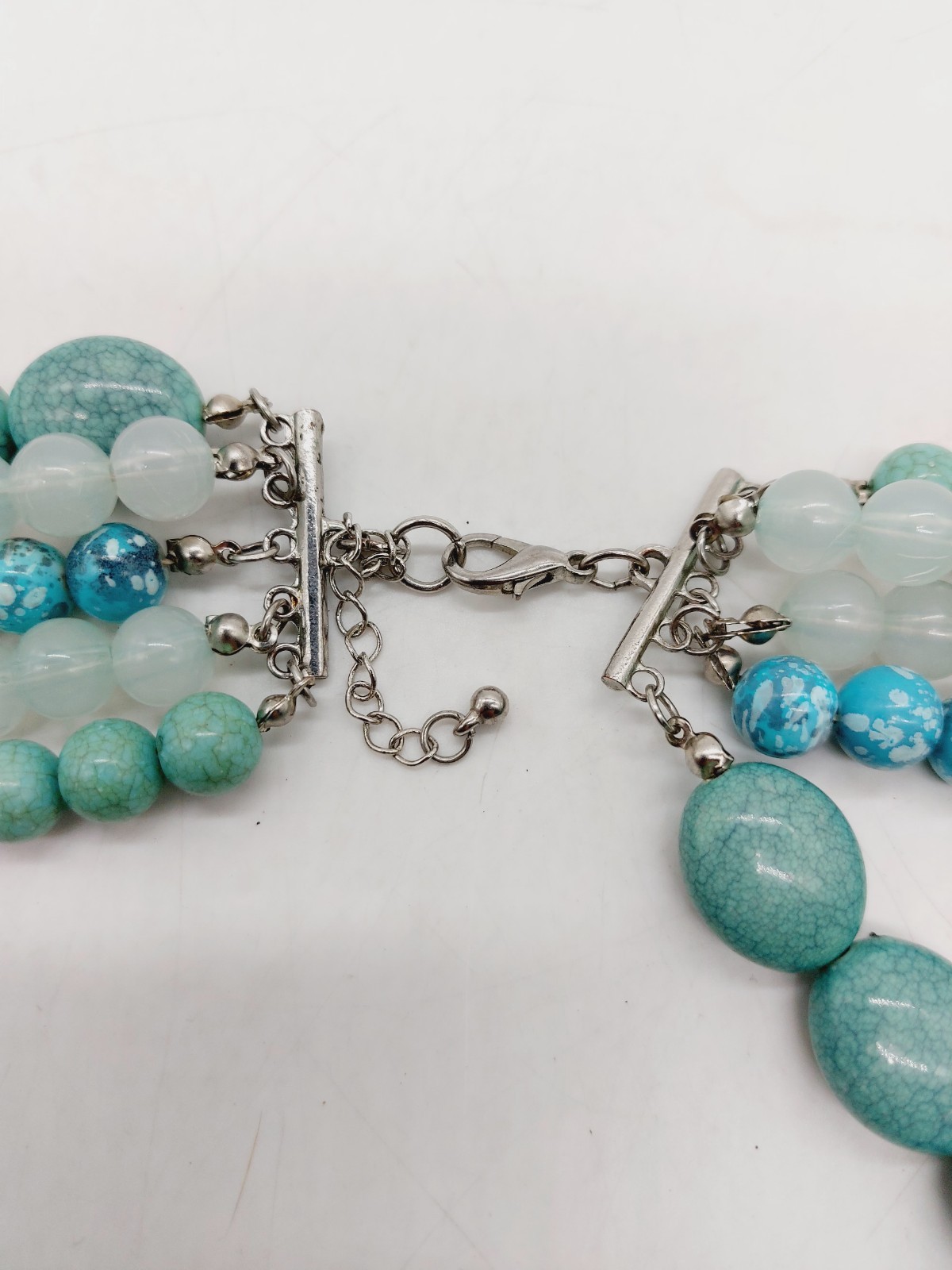 Necklace Blue Aquatic Bib Choker Turquoise Silver Tone Beads Multi Strand