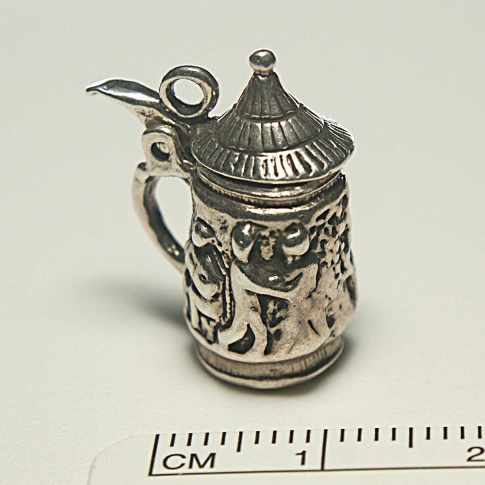 sterling silver beer stein charm, 20mm, 6.03g, hinged lid opens