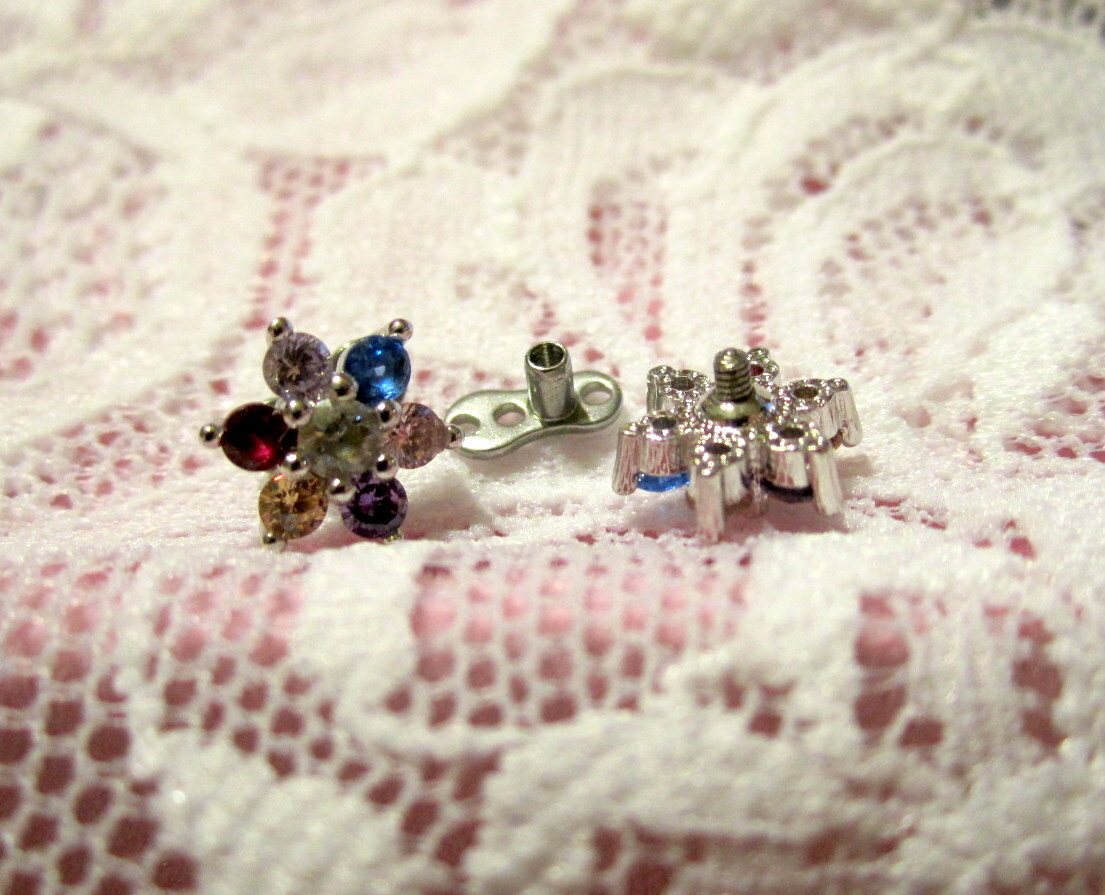 8mm Flower Dermal Anchor Skin Diver Piercing Rainbow~SINGLE~14g Surgical Steel