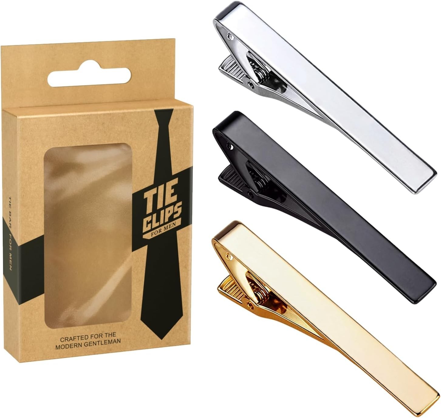 3-Piece Elegant Tie Clips Set in Gold, Silver & Black – Perfect for Weddings