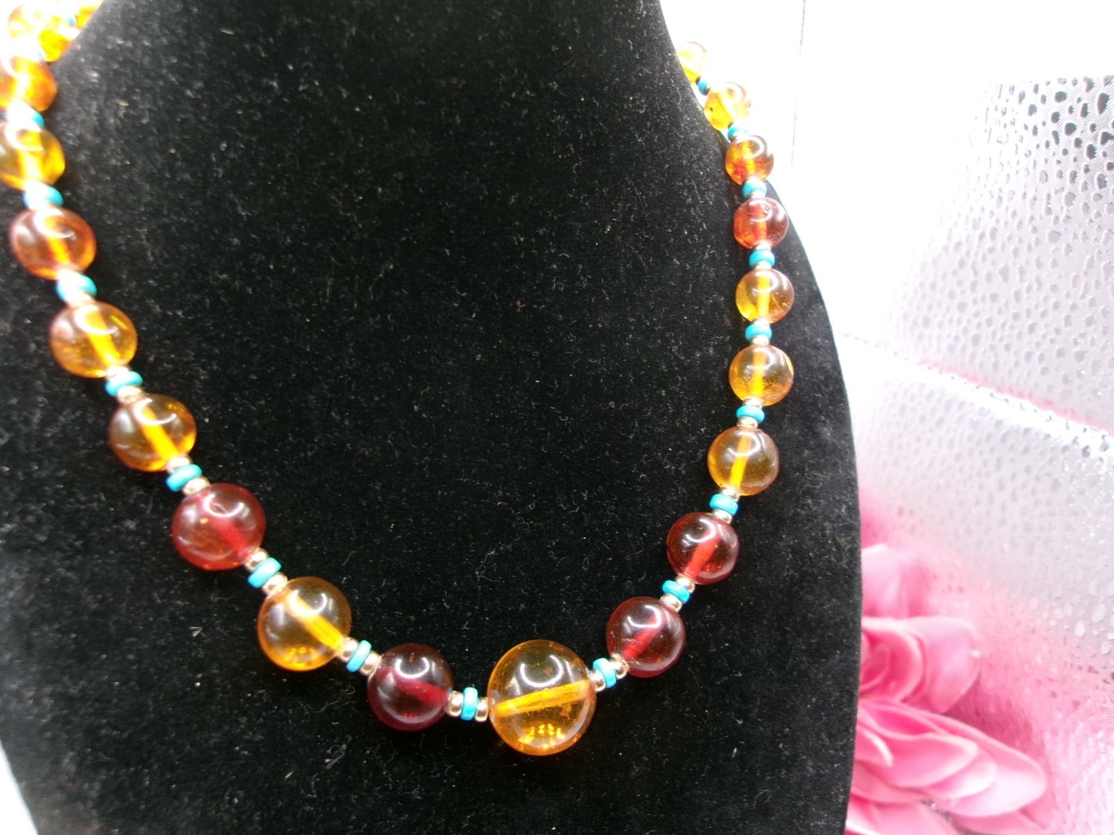 VTG WBE 18K Solid Gold S Hook Clasp on Baltic & Golden Amber Turquoise Necklace