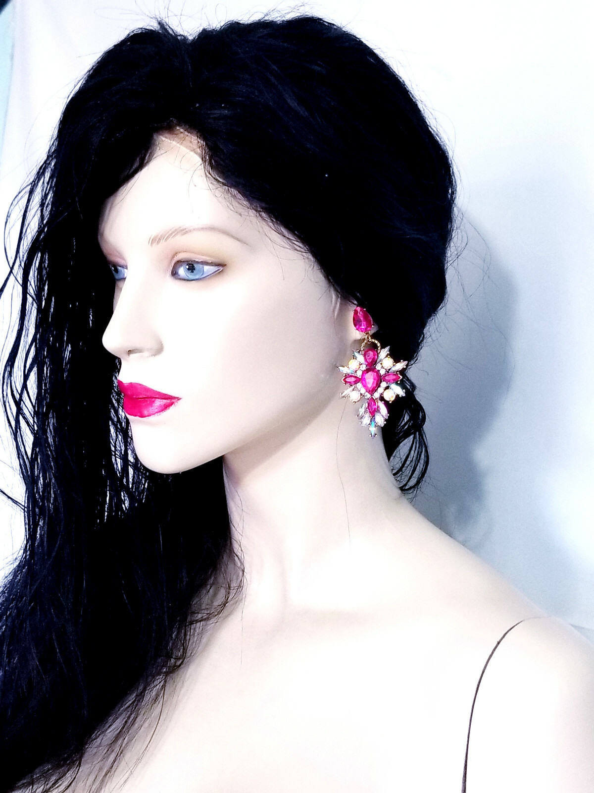 Chandelier Earrings Pink Rhinestone Crystal 2.8 in