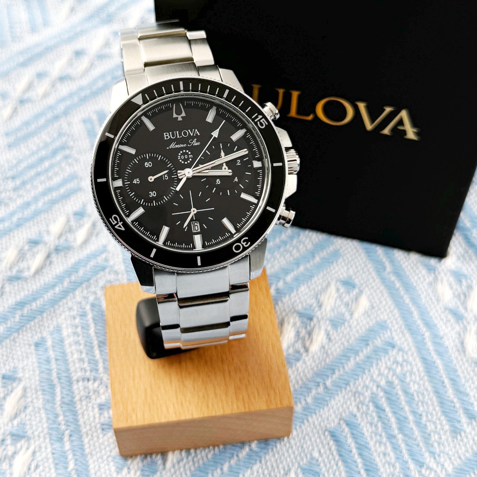 New Bulova Marine Star Chronograph SilverTone Men’s Watch Black Dial 45mm/96B272