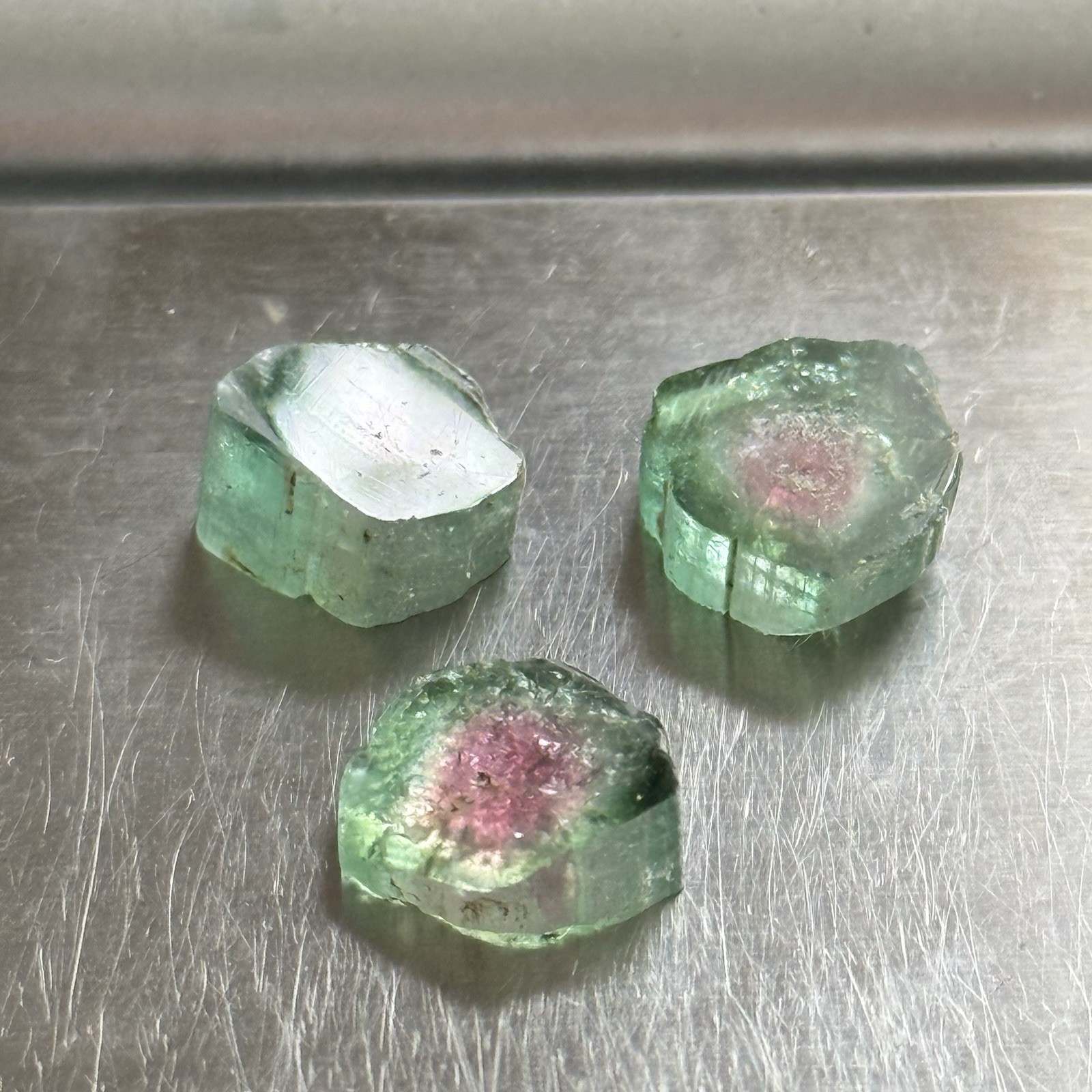 14ct 11-12×2.8-4.7mm 3pc Lot Pink Green Watermelon Tourmaline Slices Cabochons