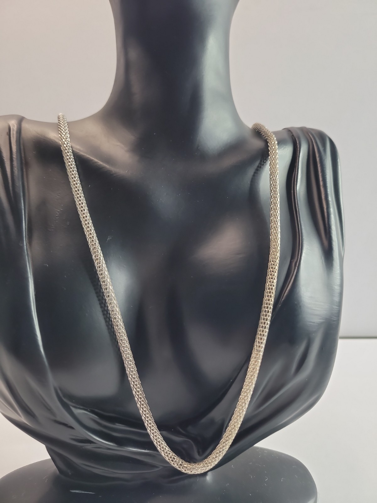 Silver Tone Mesh Snake Chain Necklace Flat Woven Herringbone Style Minimalist