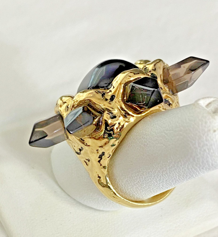 Bloomingdales Designer M Signed Gold-Tone (Smoky Quartz?) Ring, Size 7 1/2, NOS