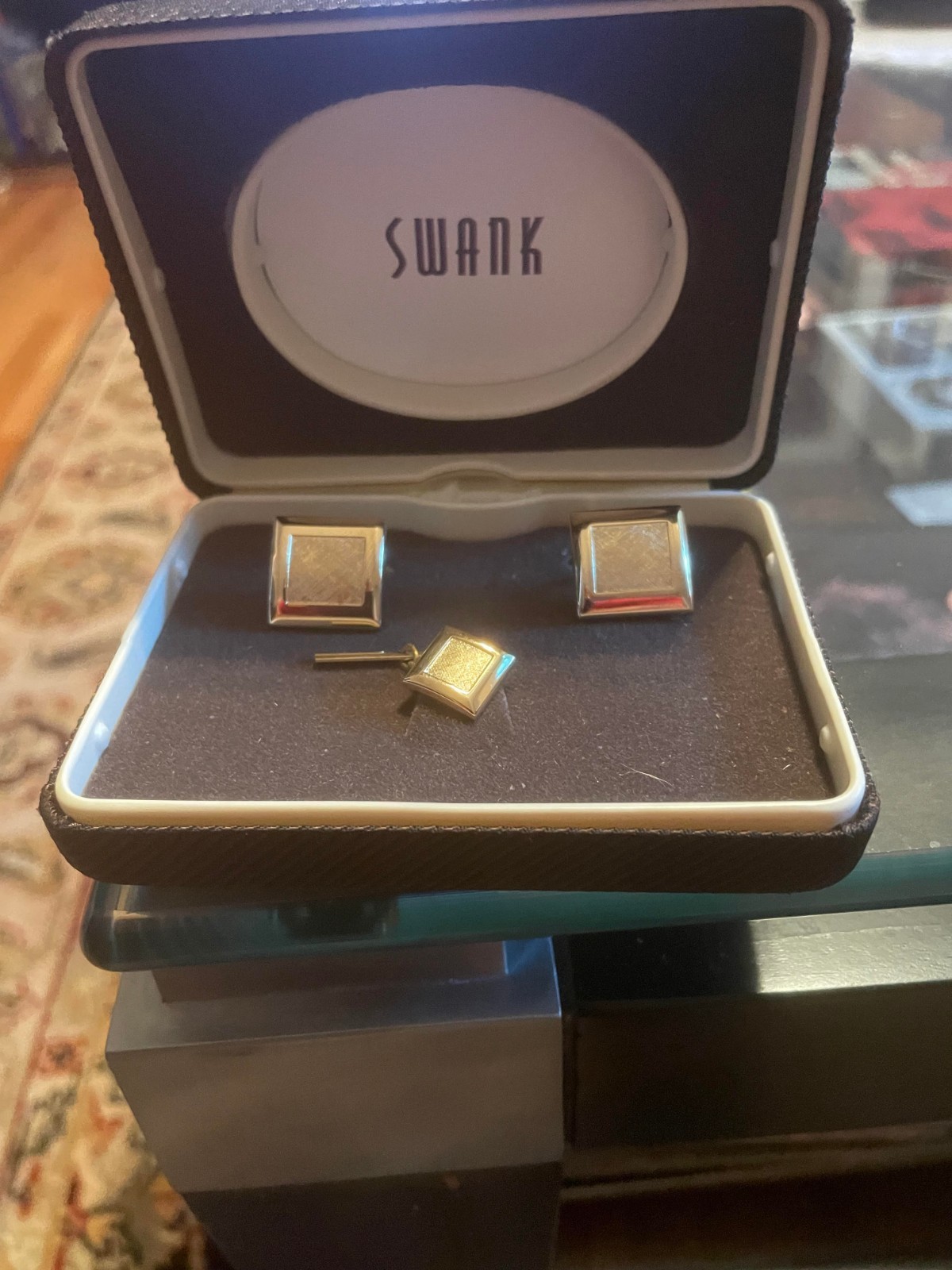 Vintage Swank Cuff Links And Tie Pin Glod Tone In Original Case