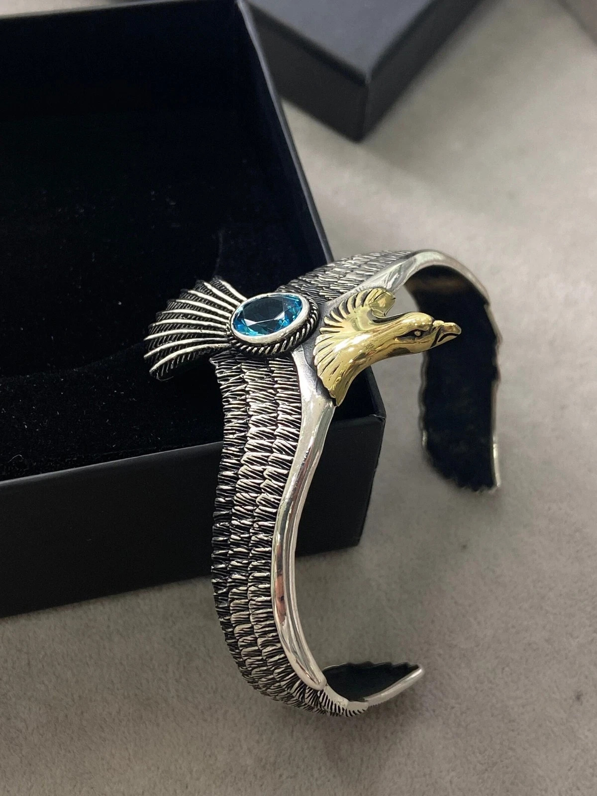 German Silver 925 Stamped Eagle Bracelet with Aquamarine Cuff Bangle