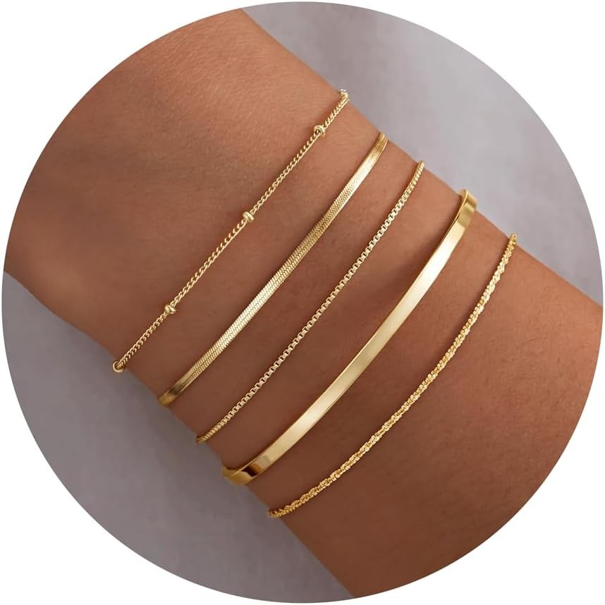 Thin Dainty Gold Bracelet for Women Stack, 14K Gold Plated Bracelet Stackable Se