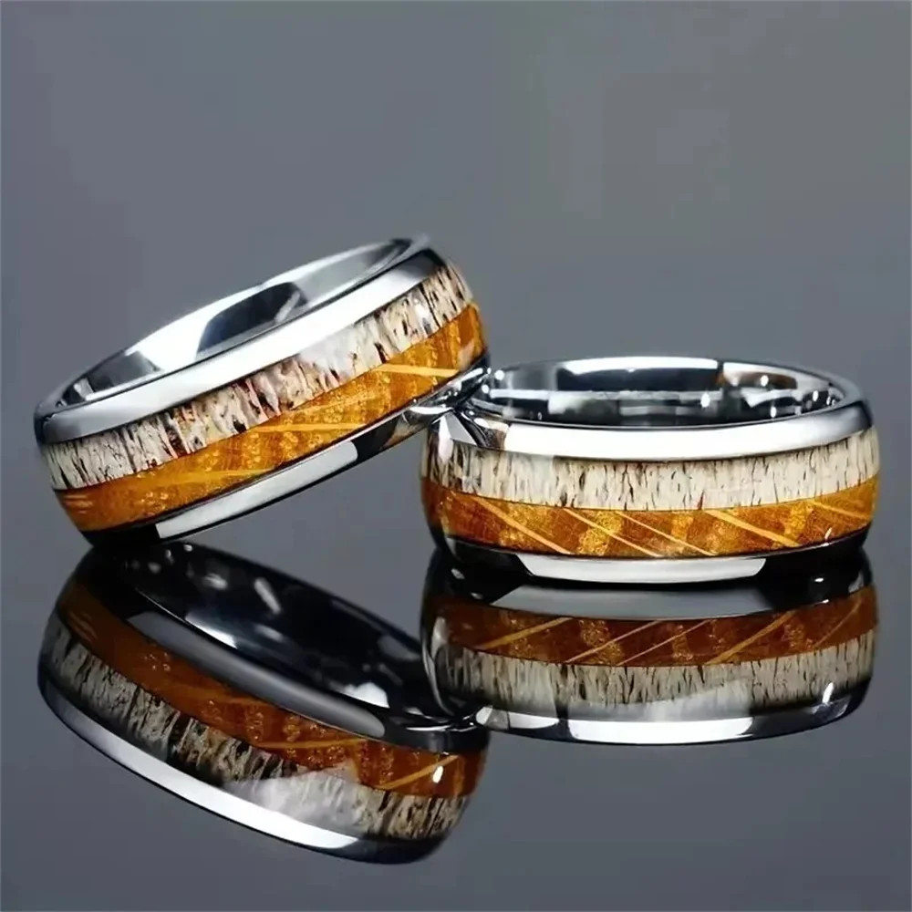 Bagues en acier inoxydable pour hommes, 8mm, couleur argent, bois de cerf brossé