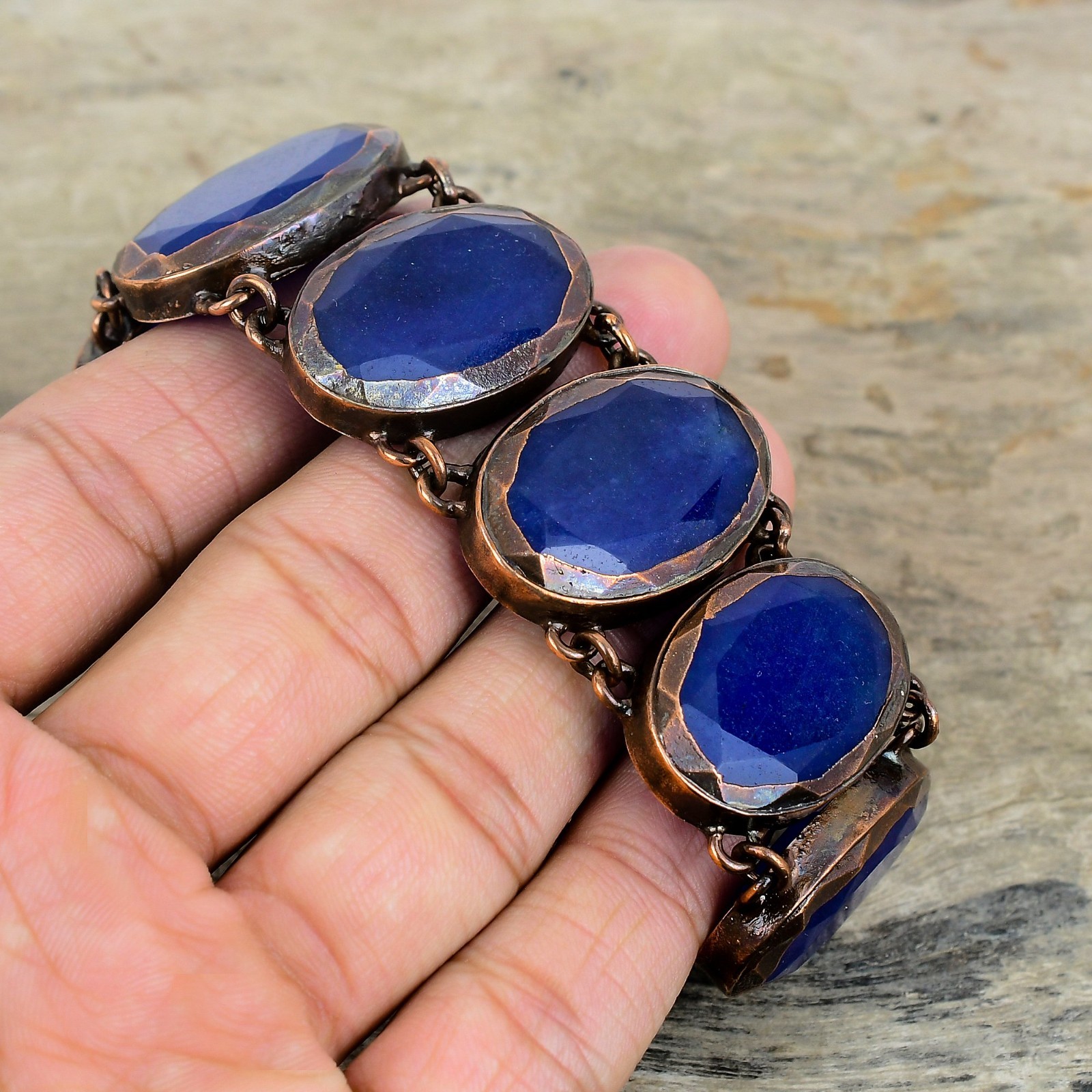 Copper Blue Saphire Stone New Chain Wedding Electroformed Bezel Bracelet Jewelry