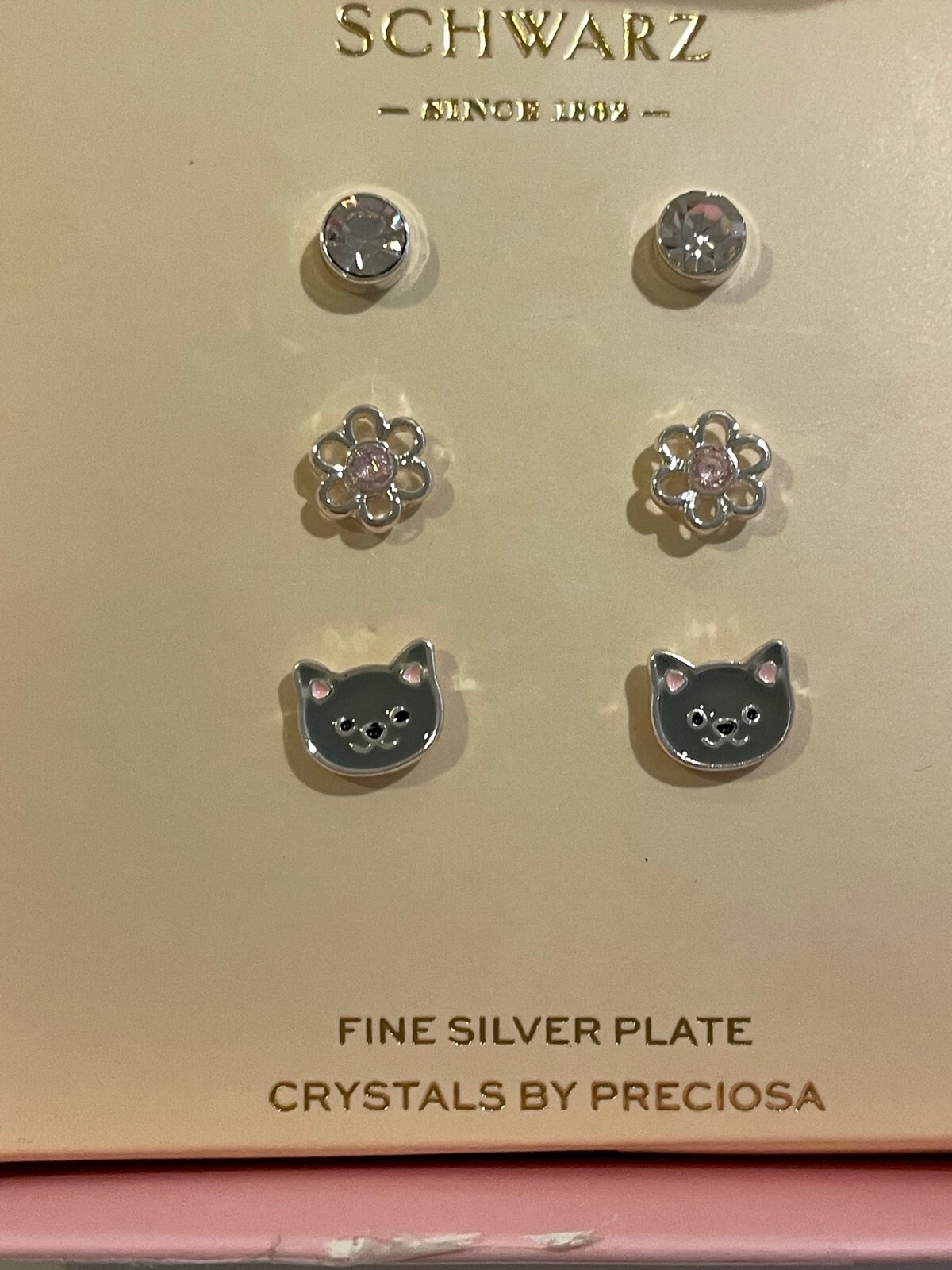NWT FAO SCHWARZ EARRING SET Gift Beautiful 3 PAIR FINE SILVER PLATE cat /flower