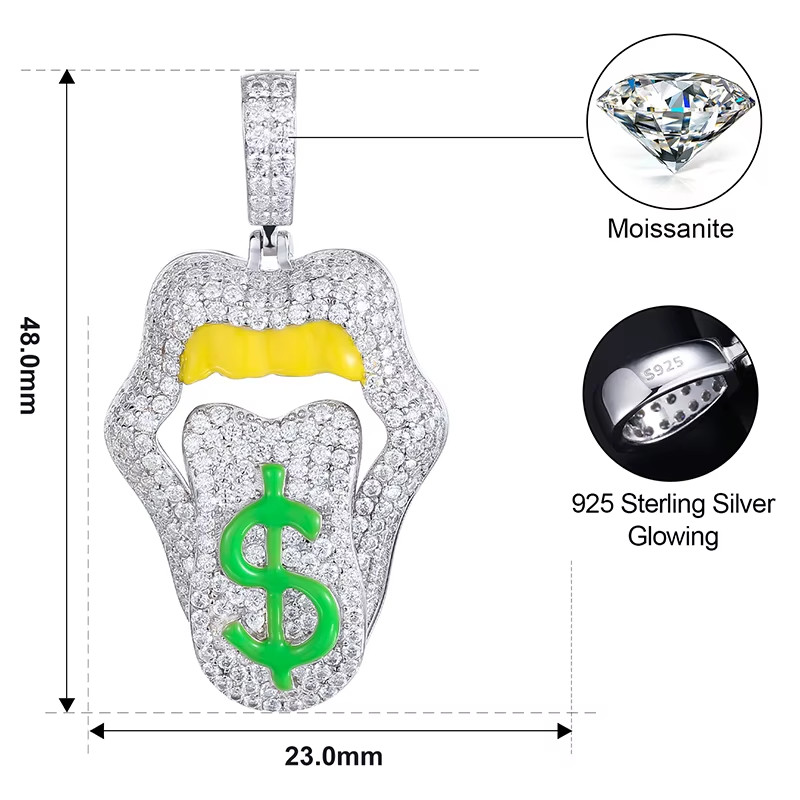 Glow in Dark Dollar Lips Pendant 925 Silver Moissanite 14k White Gold Plated
