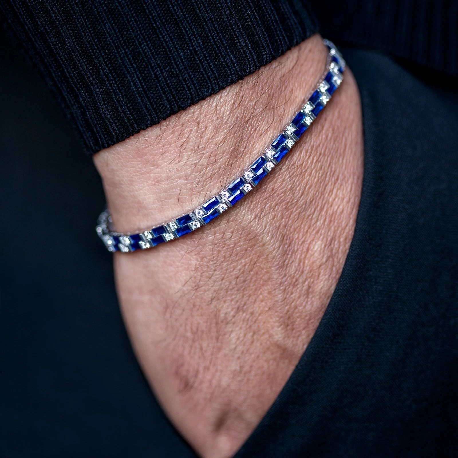925 Sterling Silver Blue Sapphire Gemstone Men’s Tennis Bracelet