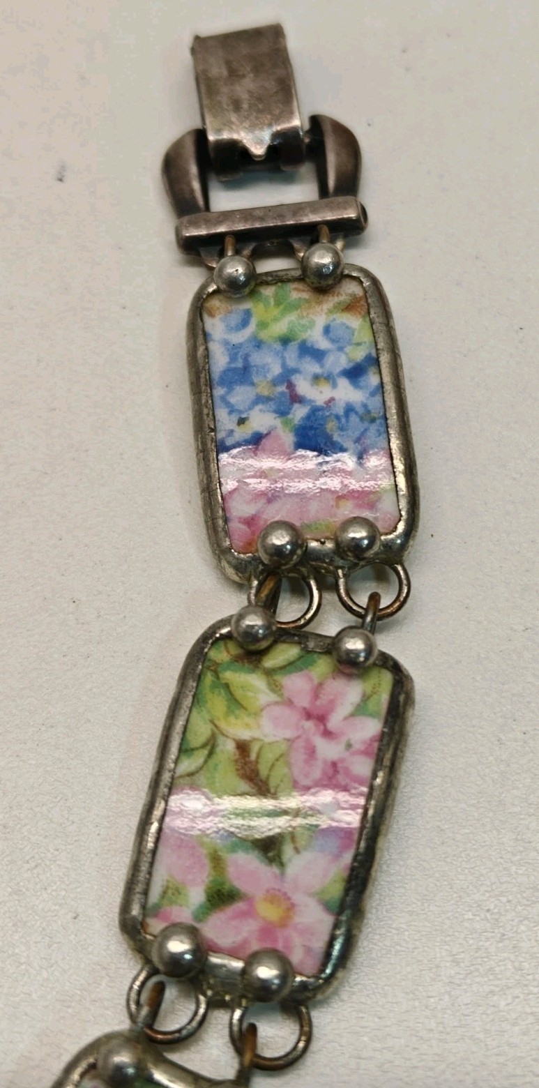 Custom Hand Soldered Artisan Broken China Chintz Bracelet 7.5 Inch