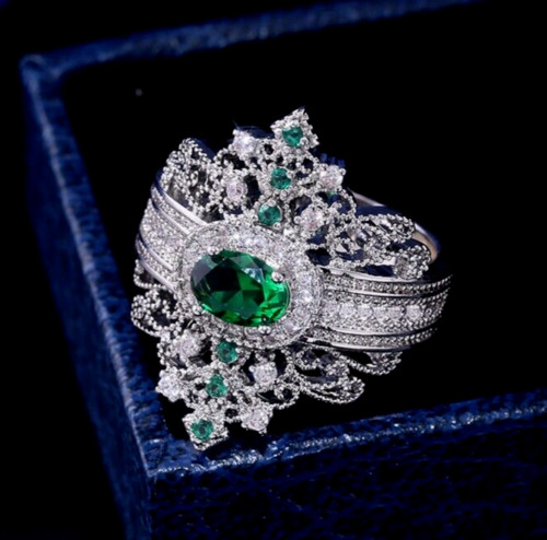 Authentic Vintage Style Wedding Ring Silver Plated 2.12 Ct Simulated Emerald