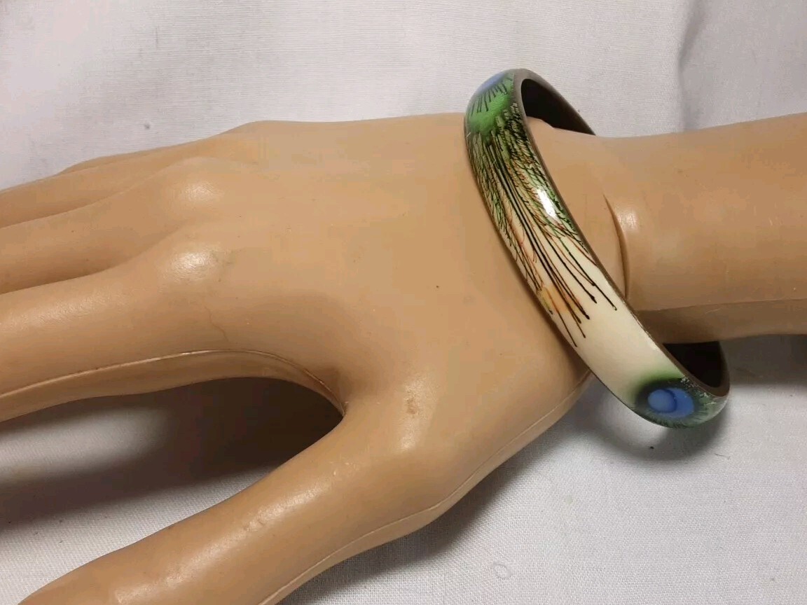 Bracelet Brass Hand Painted Enamel Peacock Feather Blue Green Bangle 3/8″ Wide
