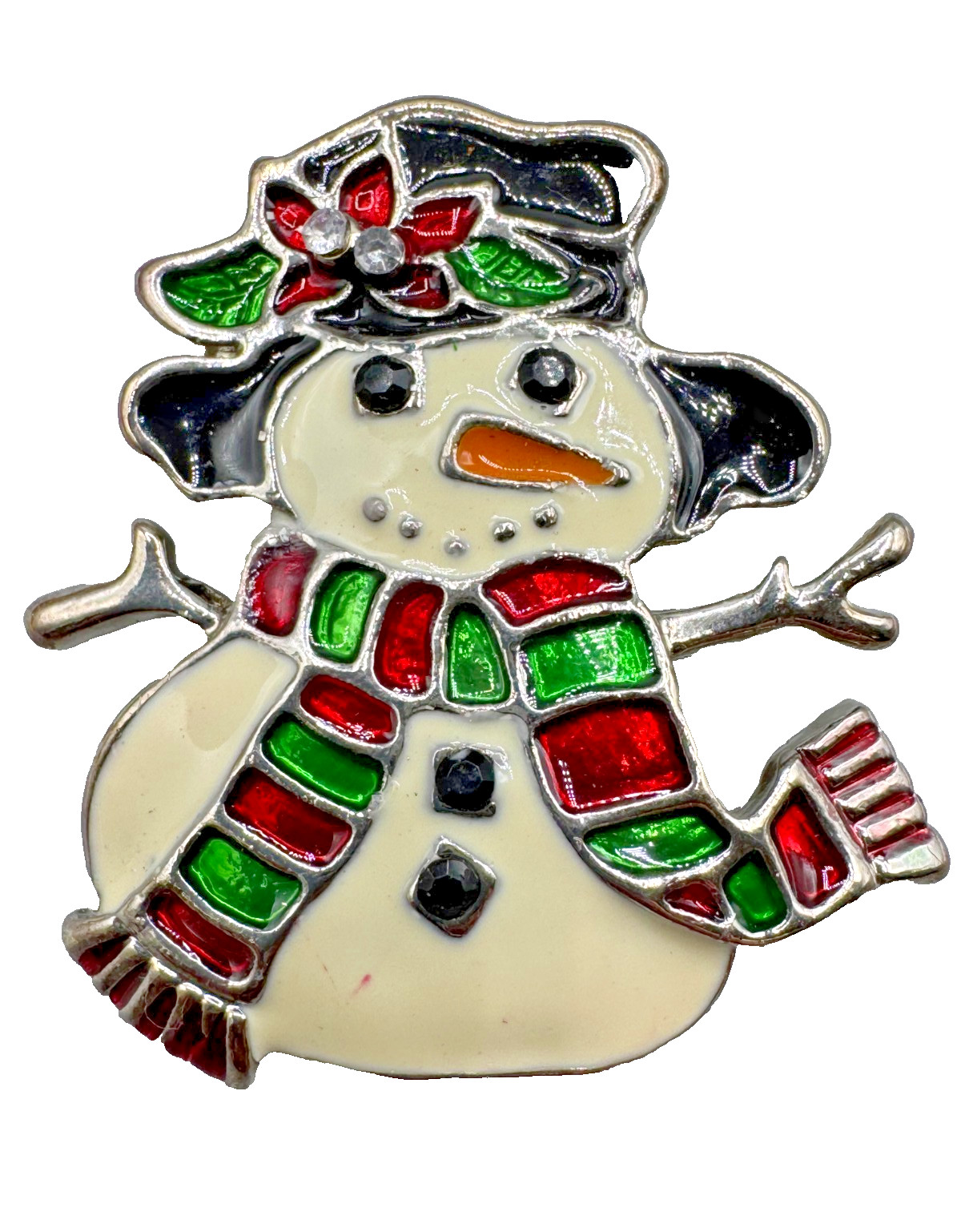 C3-6667 VINTAGE BROOCH SILVER PIN 1.75″ ENAMEL CHRISTMAS SNOWMAN RHINESTONE