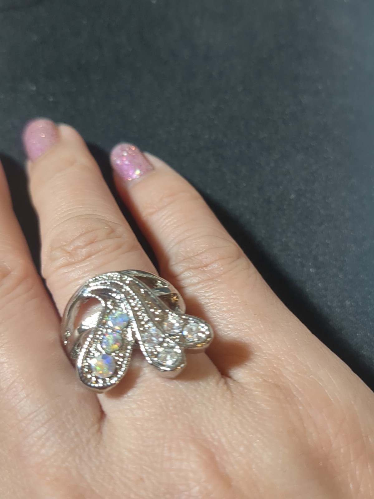 Silver Tone Cocktail Ring With Clear Stones Size 6
