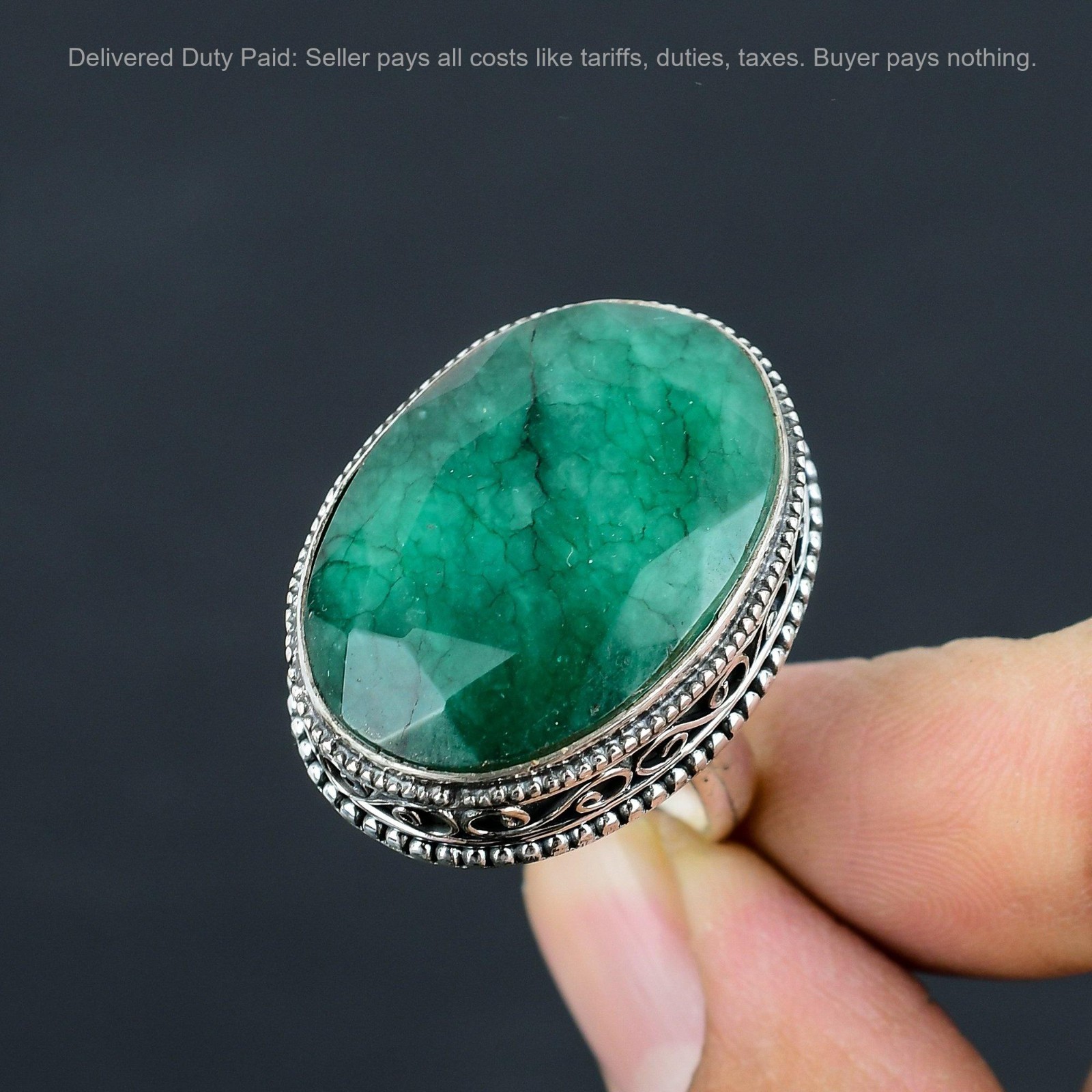 Oval Zambian Emrald Gemstone Sterling Silver Anniversary Statement Vintage Ring