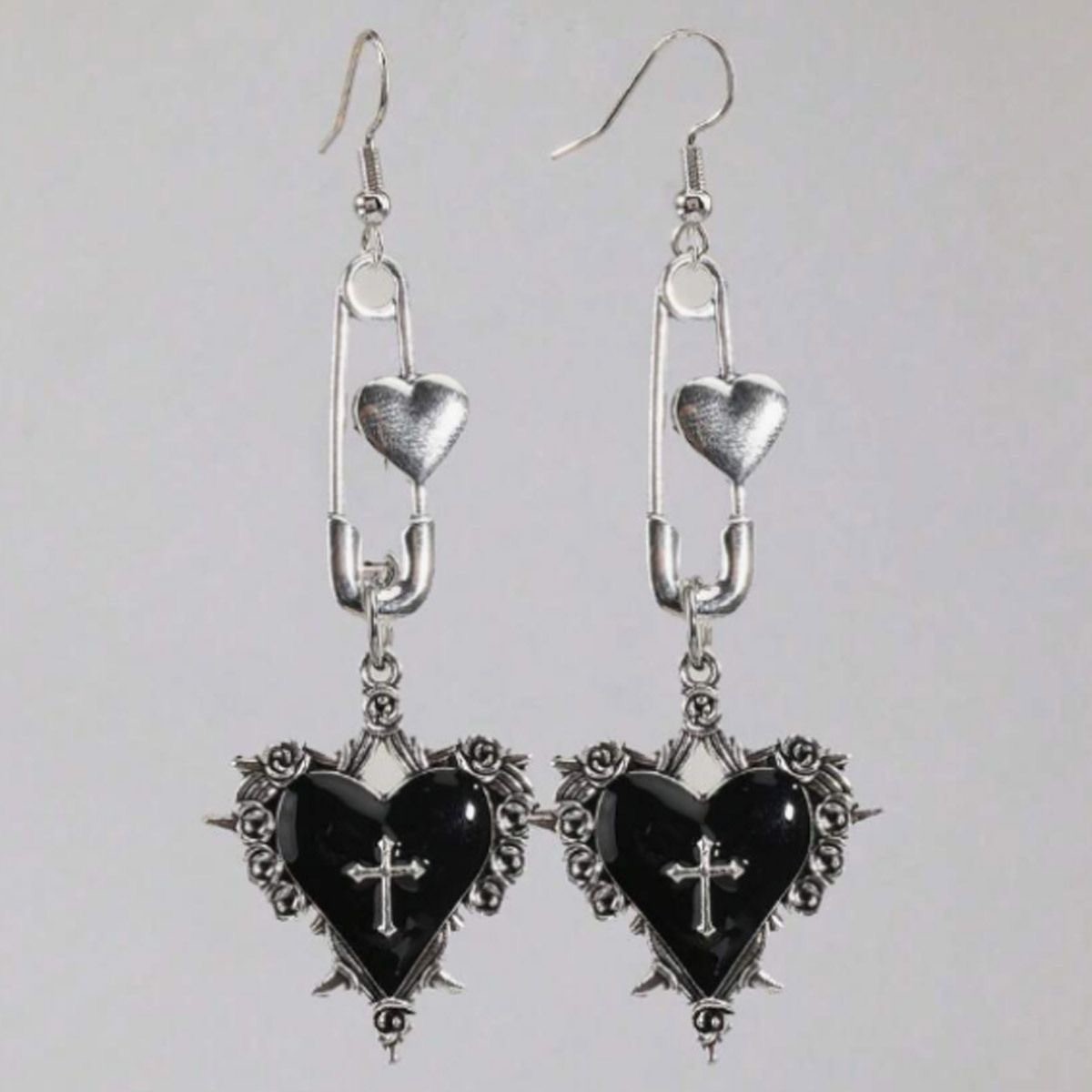 GothicSafety Pin Dangle EarringsThorn RoseCross BlackHeart Vintage Drop Earrings