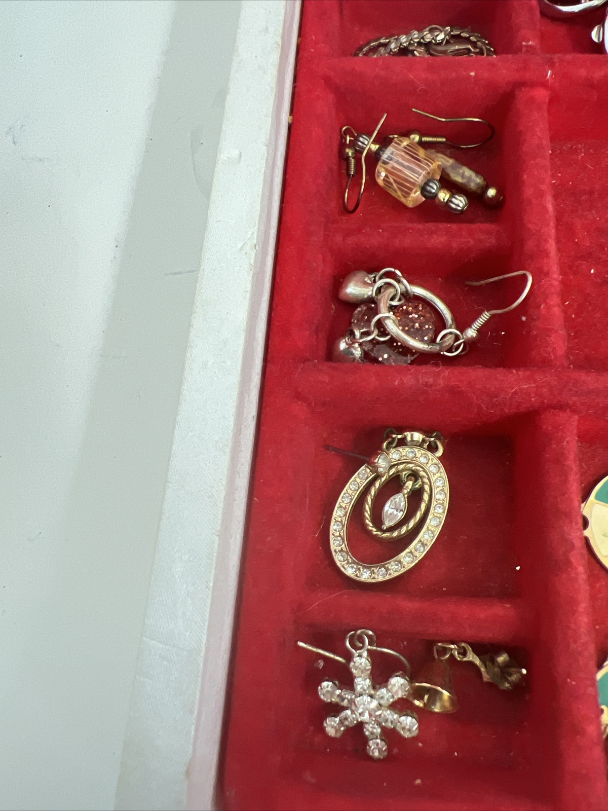 Jewerly Box and Lot of Costume Earrings Some Clip-on Some Pierced Some Single