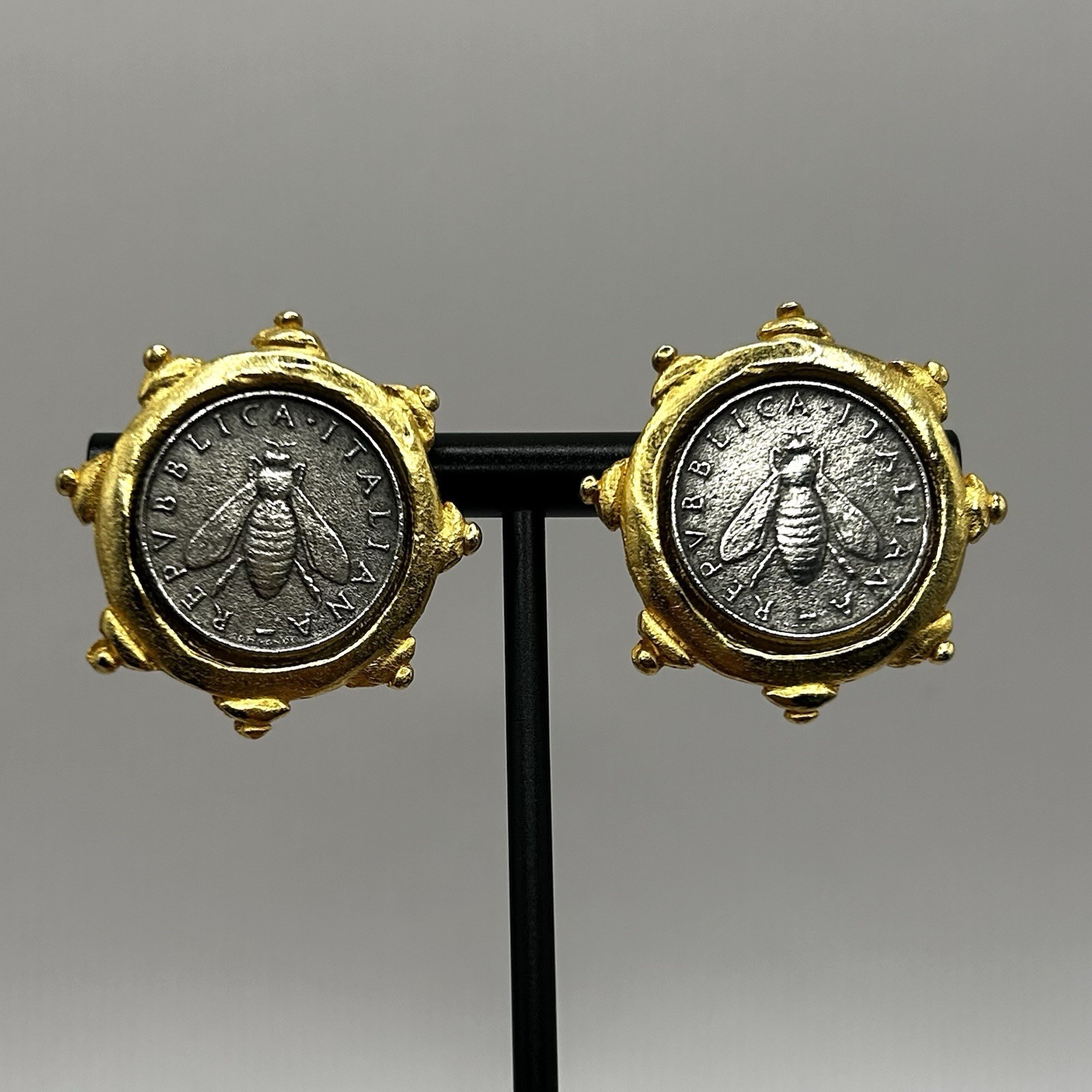 SUSAN SHAW Italian Bee Coin Gold Tone Post Earrings Handmade USA