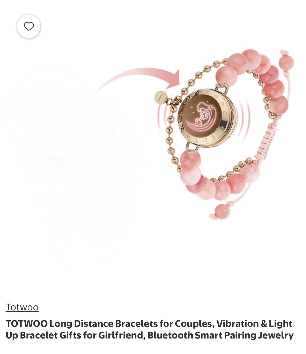 TOTWOO Long Distance Beaded Bracelet Pink Adjustable Vibration Light W/Charger