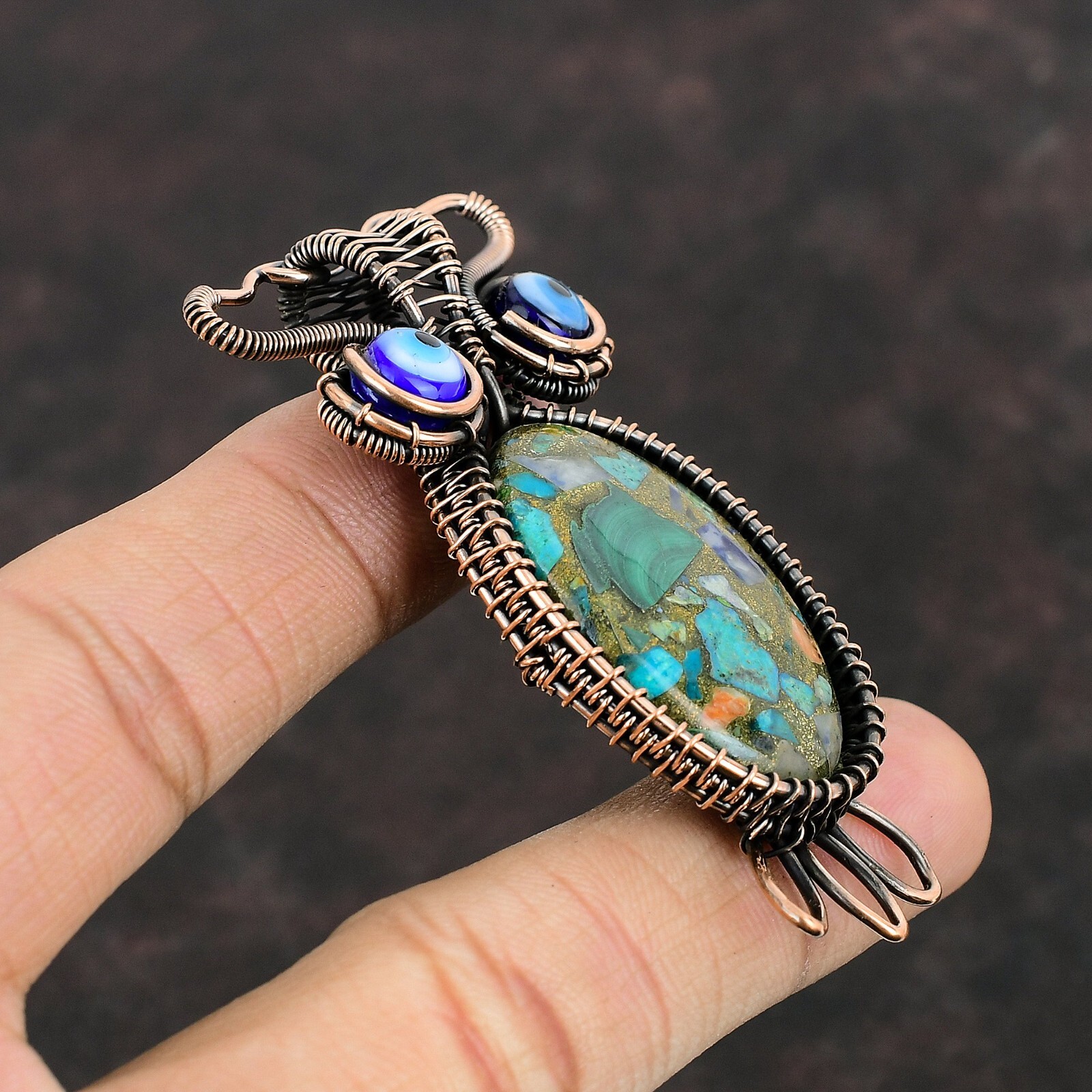 Multi Turquoise Gemstone Wire Wrapped Owl Pendant Copper Jewelry For Girls 2.76″