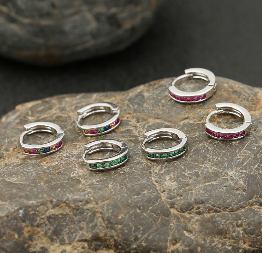 2Pcs 925 Silver Gold Plated Small Round Huggie Hoop Earrings Square CZ 12mm E19